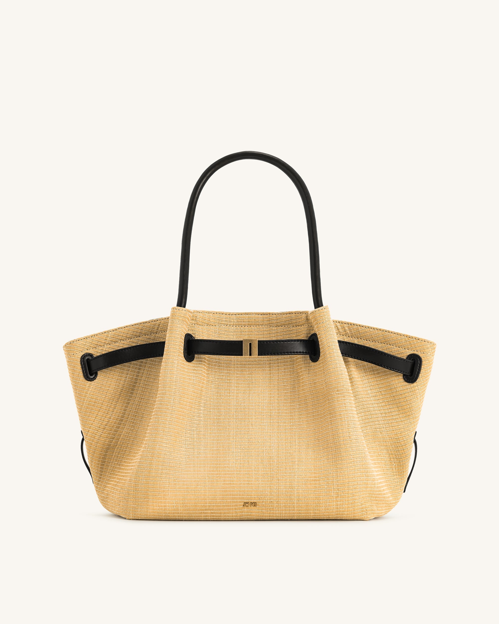 Bolsa tote mediana JW PEI Hana en estilo paja sintética marrón, con asas cortas y diseño elegante.