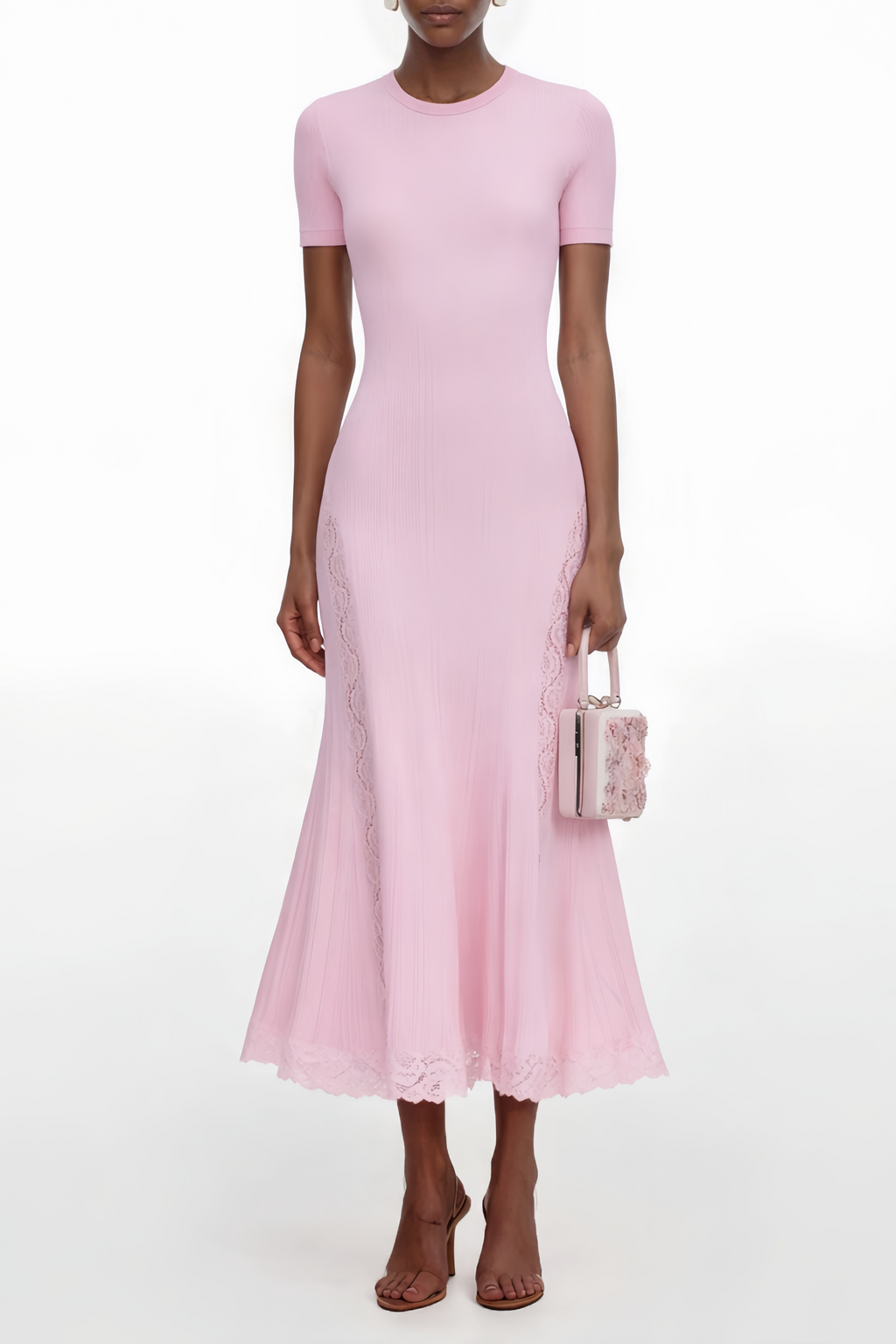 Thalya Pink Lace Trim Knit Midi Dress
