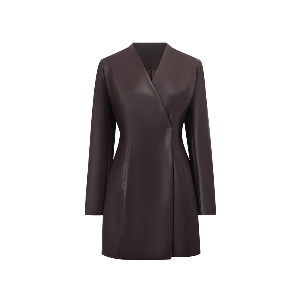 Vestido mini blazer de cuero marrón Solange de Final Sale, con diseño ajustado y cuello en V, para un estilo elegante y moderno.