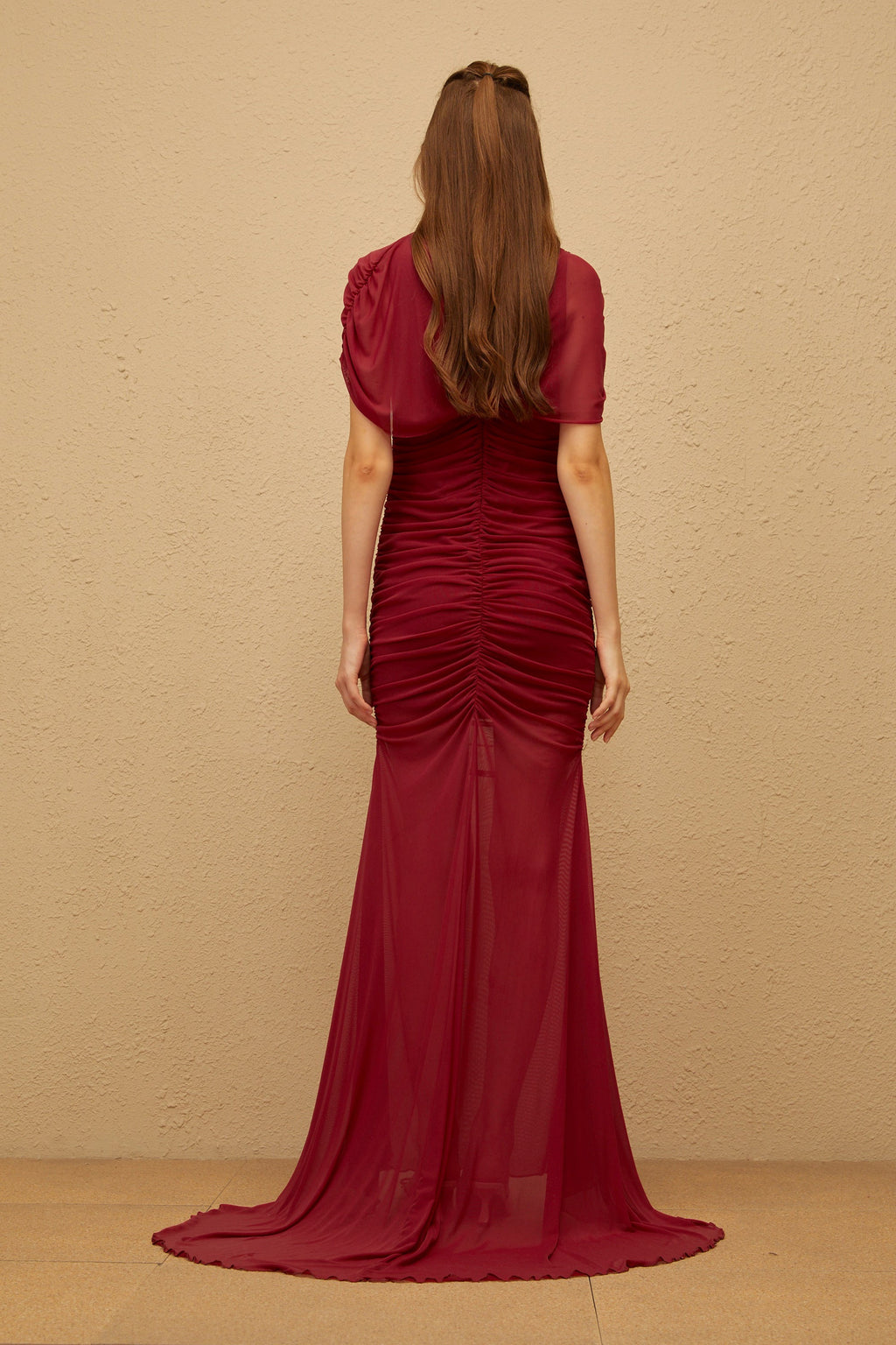 Sylphe Red Asymmetrical Ruched Mesh Maxi Dress (Final Sale-US Only)