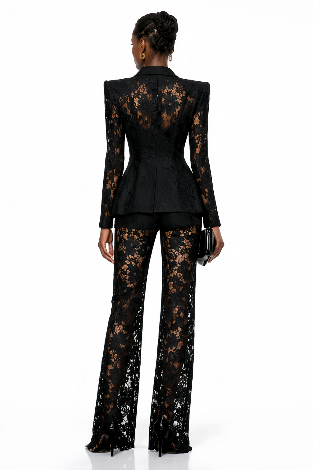 Conjunto de blazer y pantalones de encaje transparente negro de MRTokyo, estilo elegante y moderno para mujer.