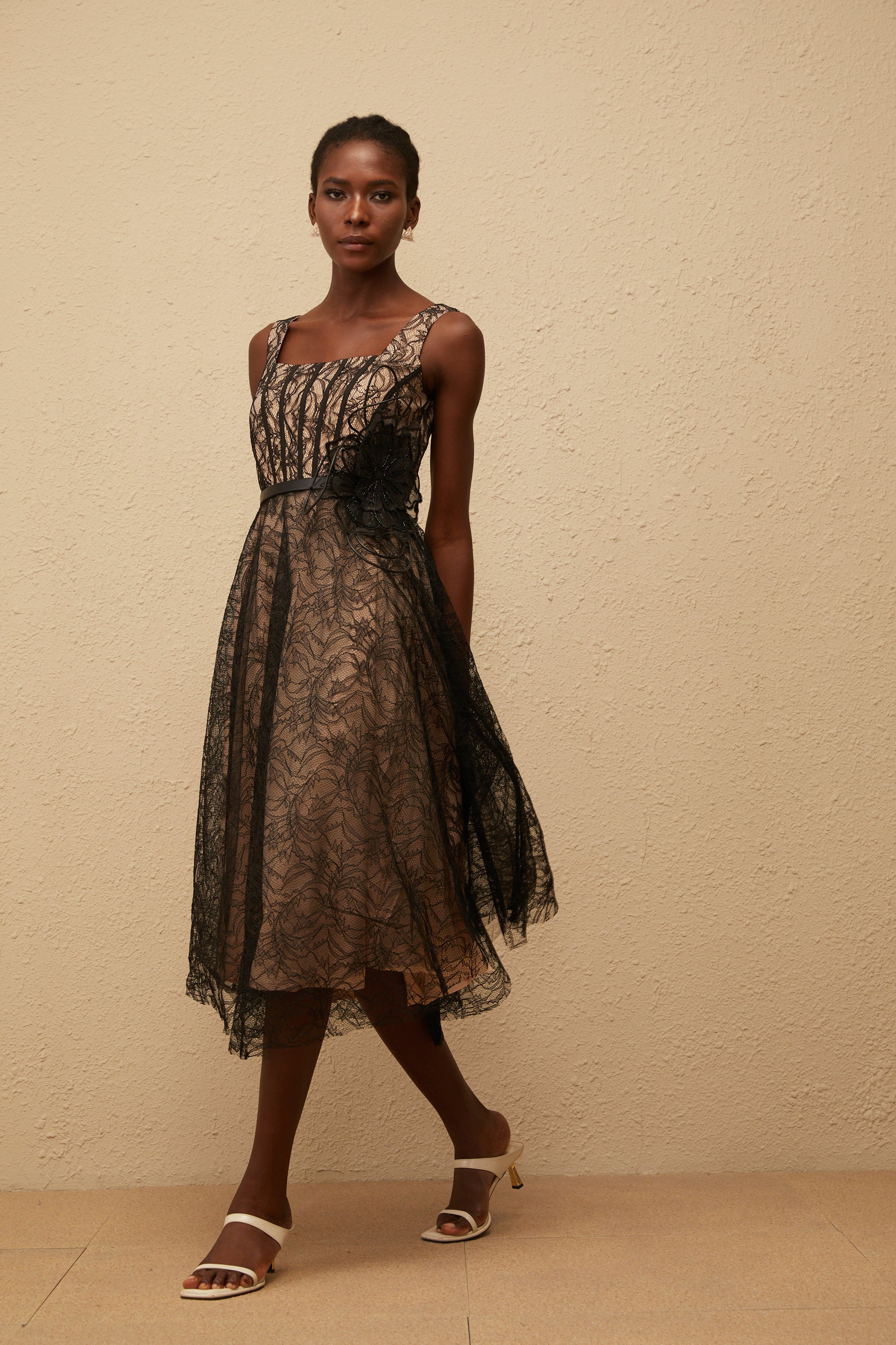 Sandrine Black Floral Lace Midi Dress (Final Sale-US Only)