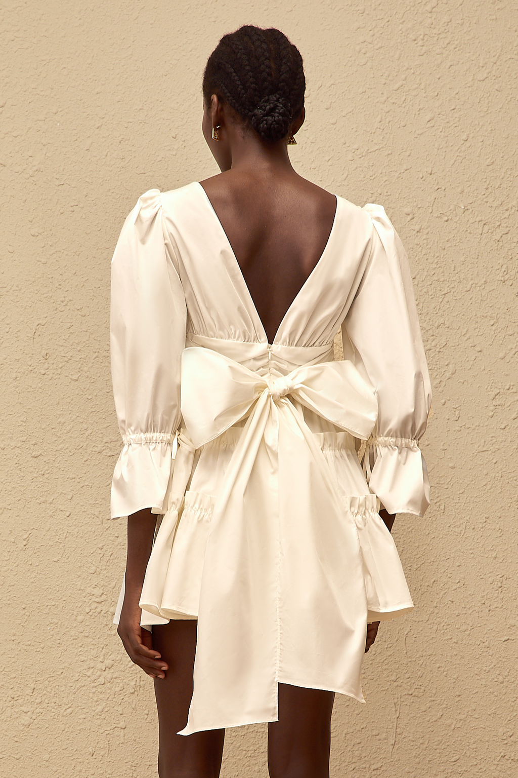 Jutta White Bowknot Shirred Mini Dress (Final Sale)