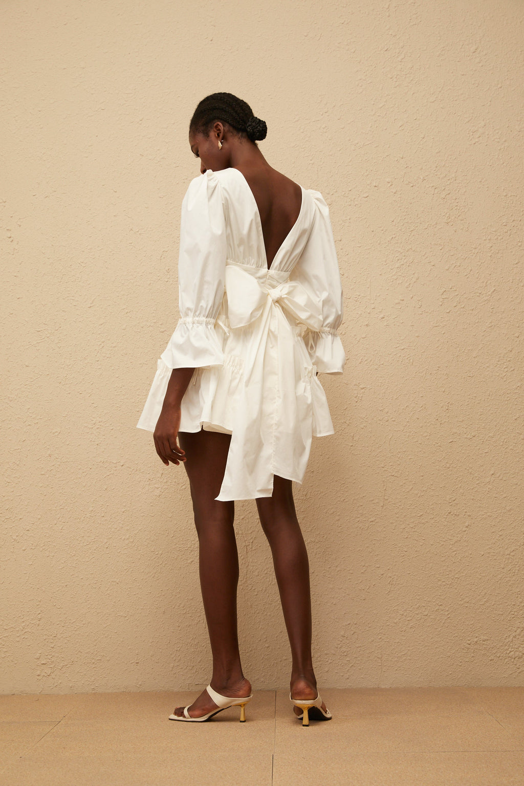 Jutta White Bowknot Shirred Mini Dress (Final Sale)