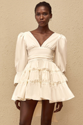 Jutta White Bowknot Shirred Mini Dress (Final Sale)