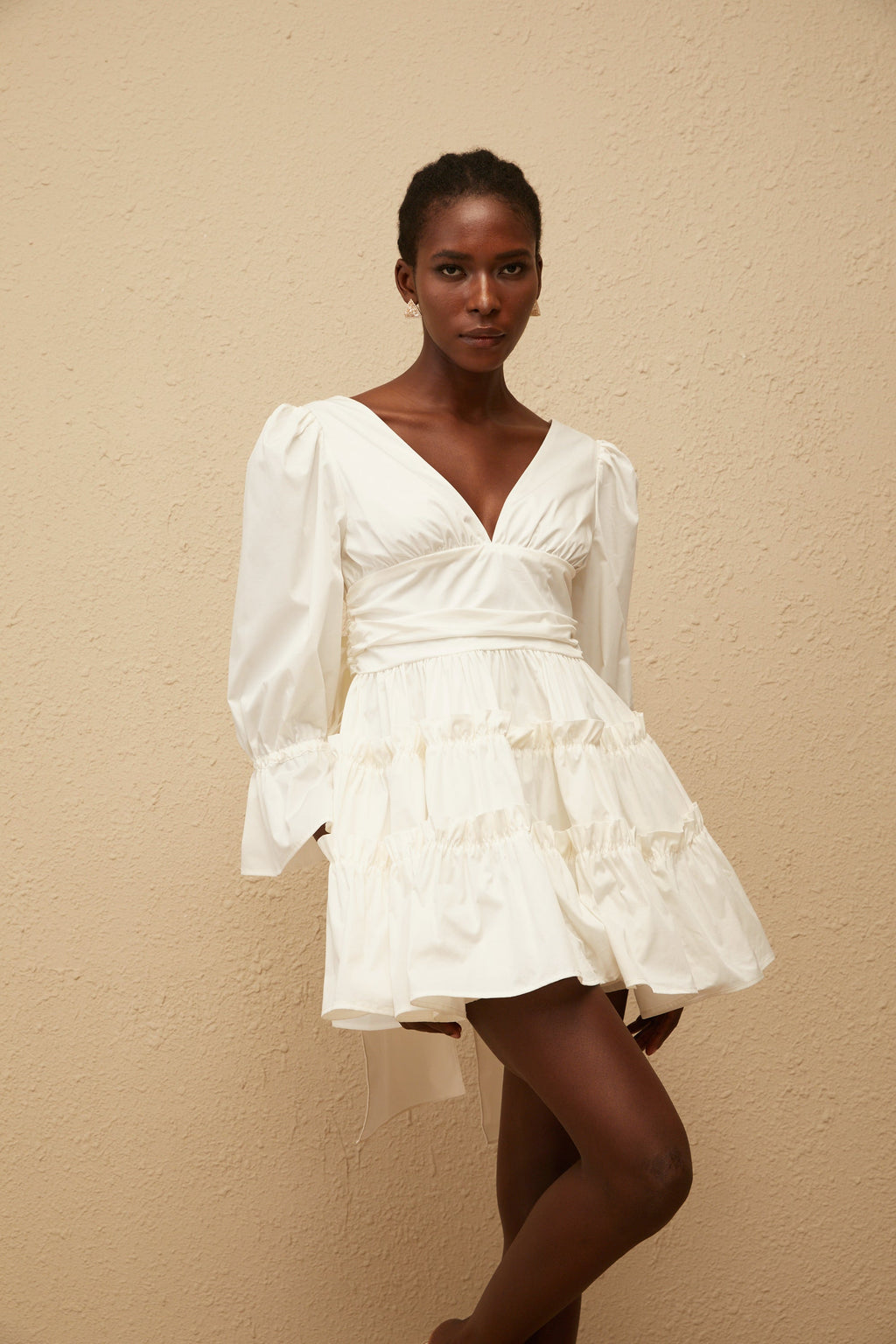 Jutta White Bowknot Shirred Mini Dress (Final Sale)