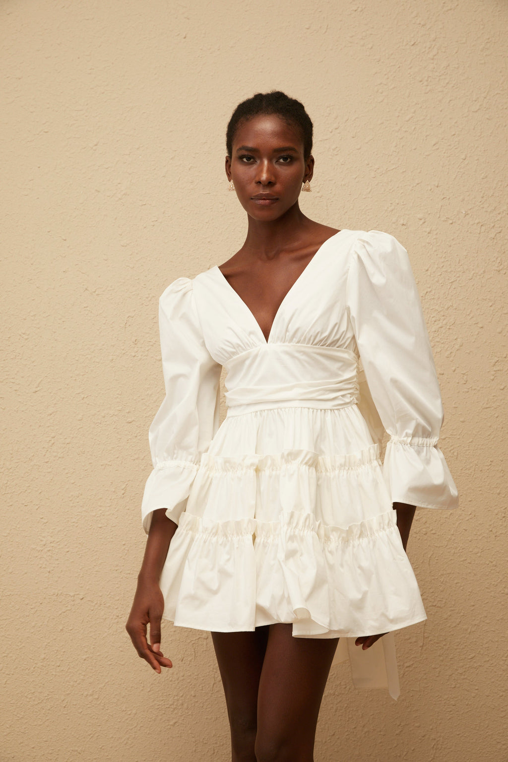 Jutta White Bowknot Shirred Mini Dress (Final Sale)