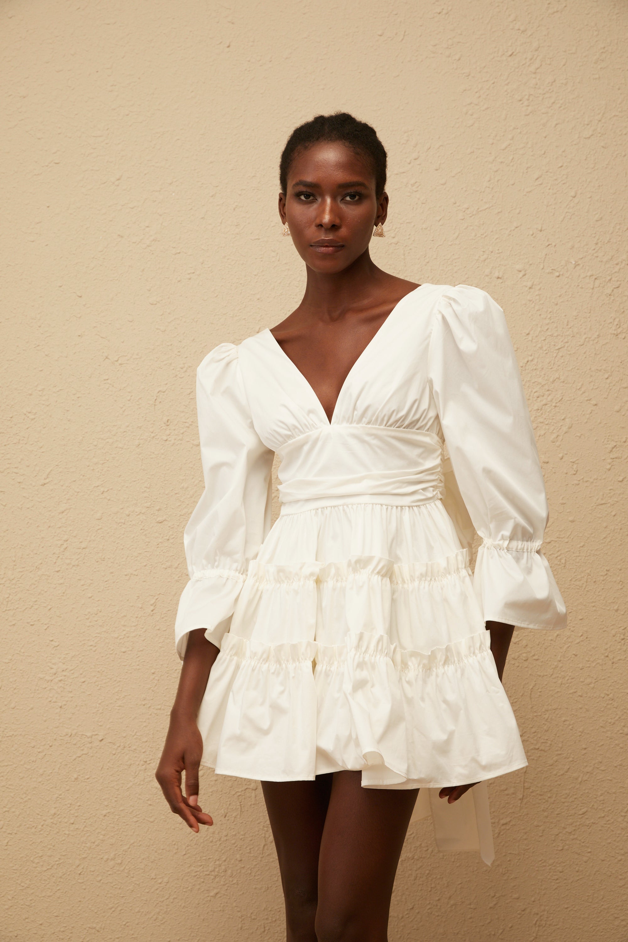 Jutta White Bowknot Shirred Mini Dress (Final Sale)