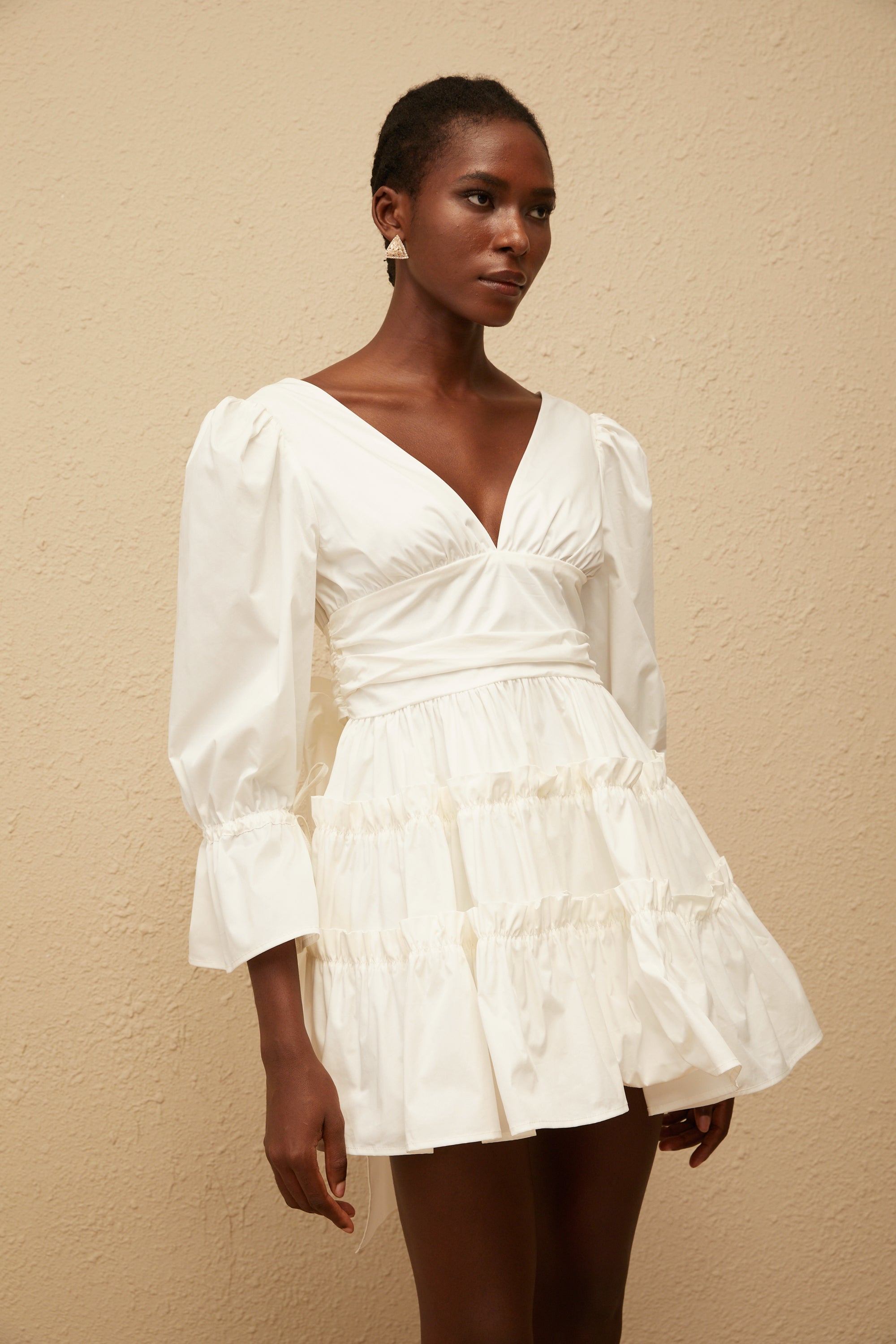 Jutta White Bowknot Shirred Mini Dress (Final Sale)