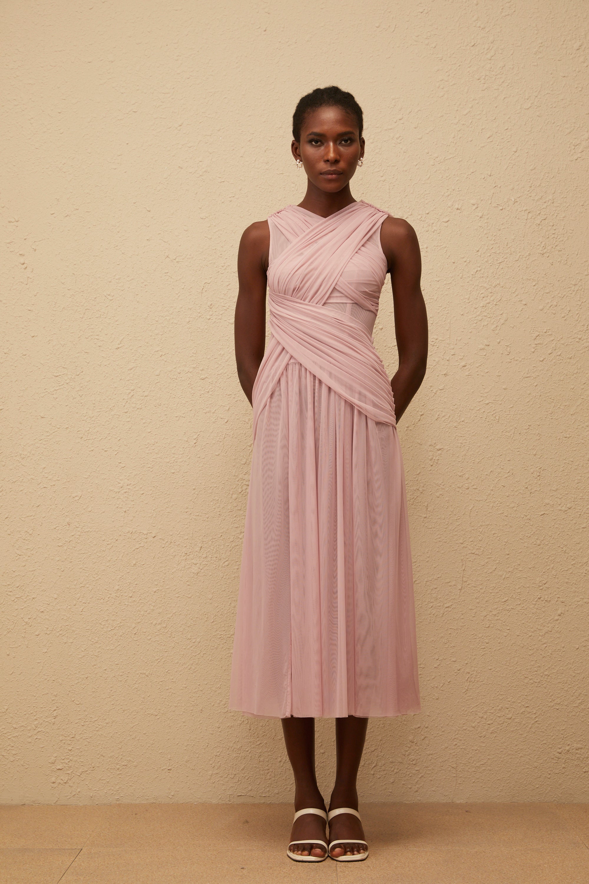 Sérénité Lilac Cross-Over Mesh Midi Dress (Final Sale-US Only)