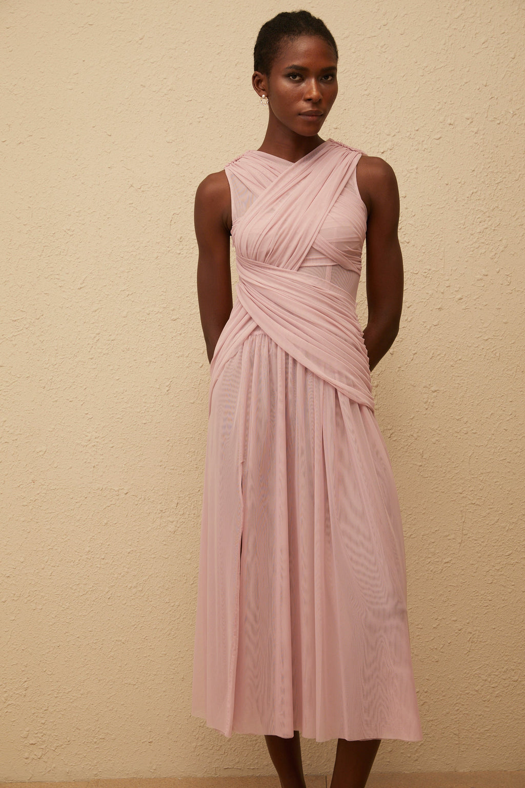 Sérénité Lilac Cross-Over Mesh Midi Dress (Final Sale-US Only)