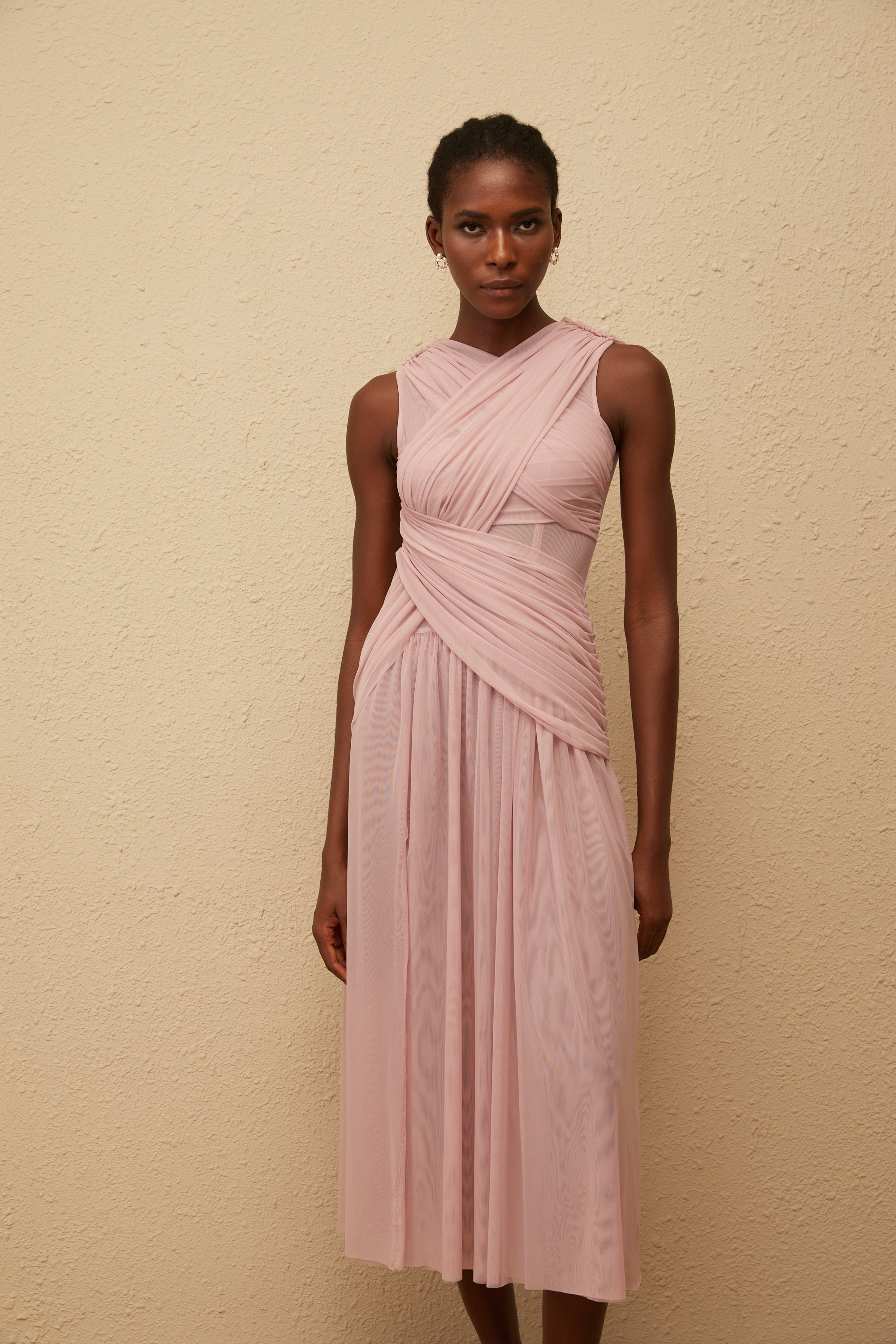 Sérénité Lilac Cross-Over Mesh Midi Dress (Final Sale-US Only)