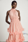 Vestido midi en tonos rosa con pétalos en 3D y falda en capas, de la marca MRMelbourne, para ocasiones elegantes.