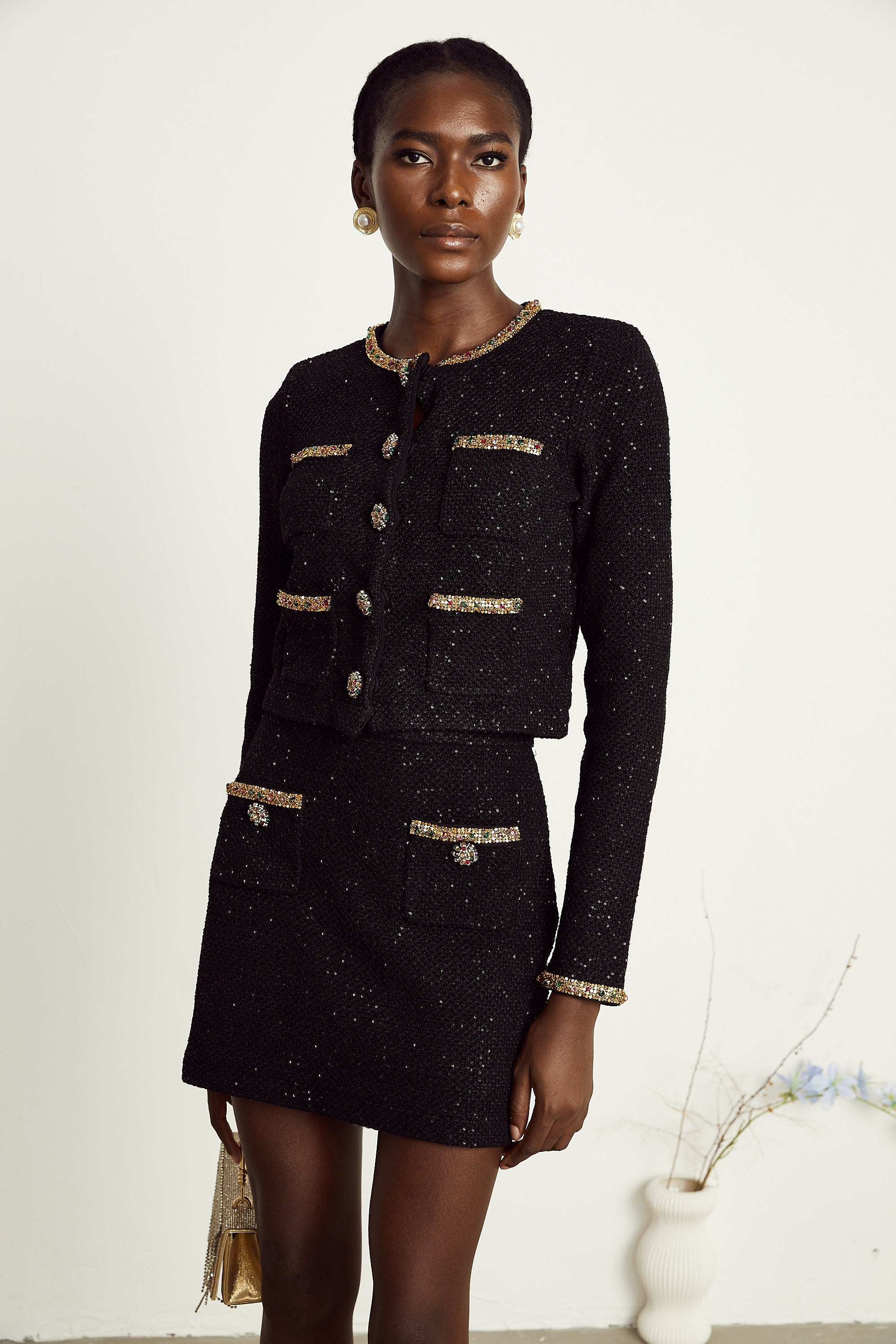 Conjunto de chaqueta y falda de tweed negro con lentejuelas de la marca Final Sale, elegante y a la moda, para ocasiones especiales.