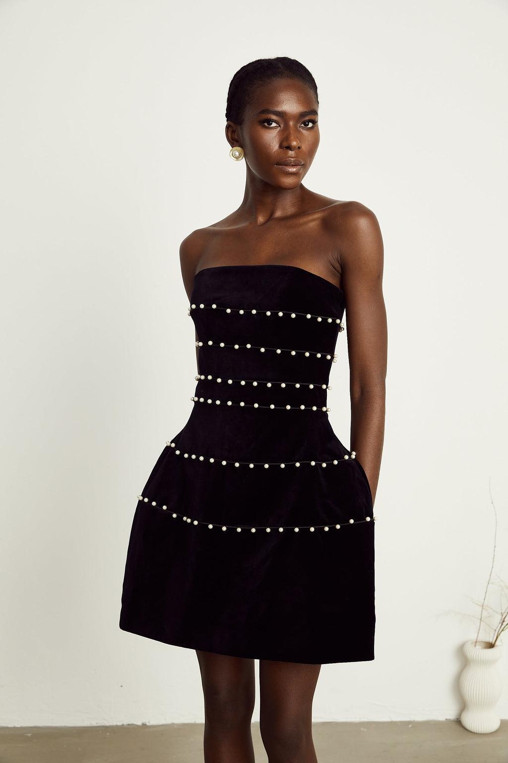 Camille black faux-pearl velvet mini dress (Final Sale-US Only)