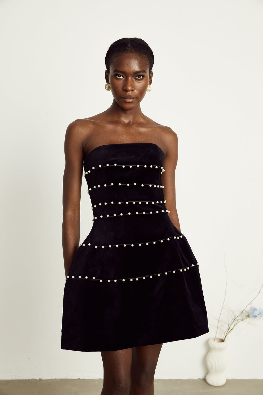 Camille black faux-pearl velvet mini dress (Final Sale-US Only)