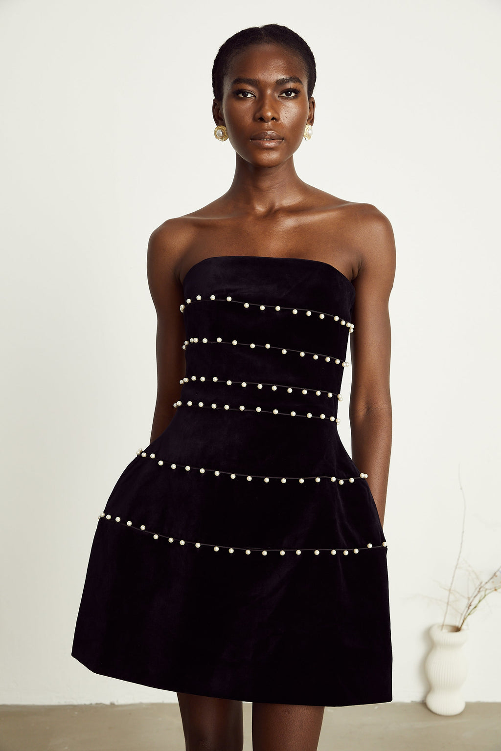 Camille black faux-pearl velvet mini dress (Final Sale-US Only)
