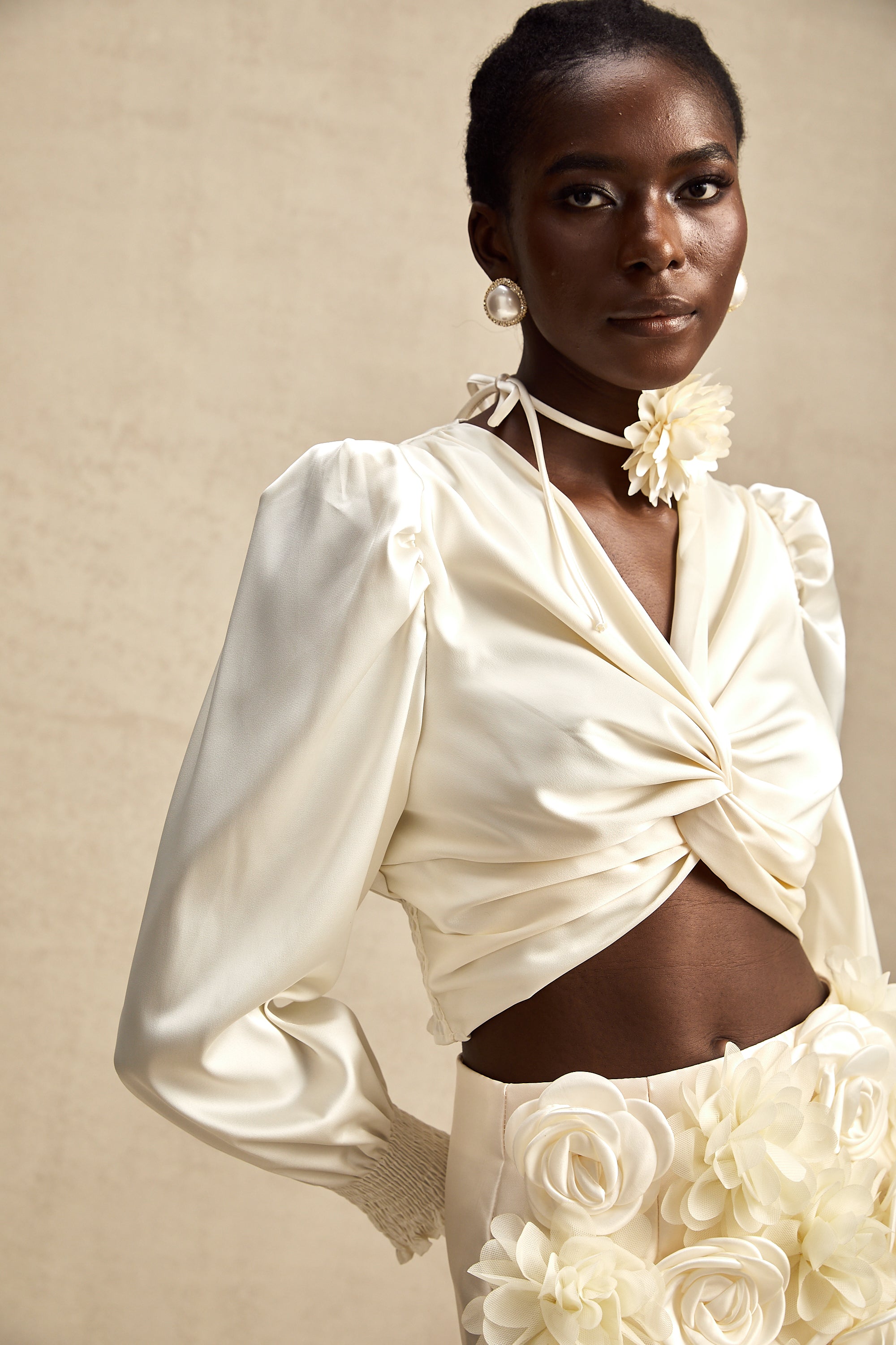 Nouria white faux-flower twist cropped top (Final Sale-US Only)