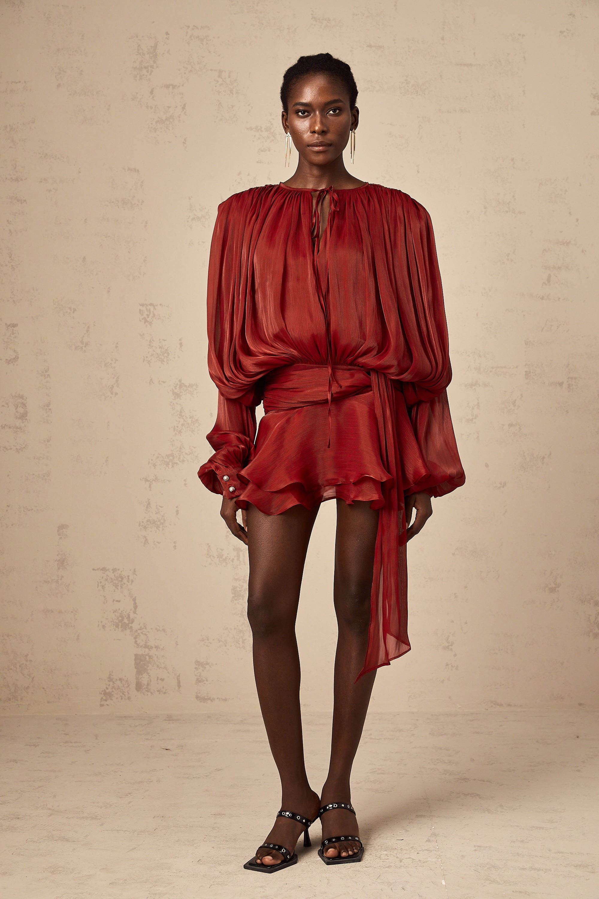 Eugénie Vestido mini rojo con volantes y pliegues