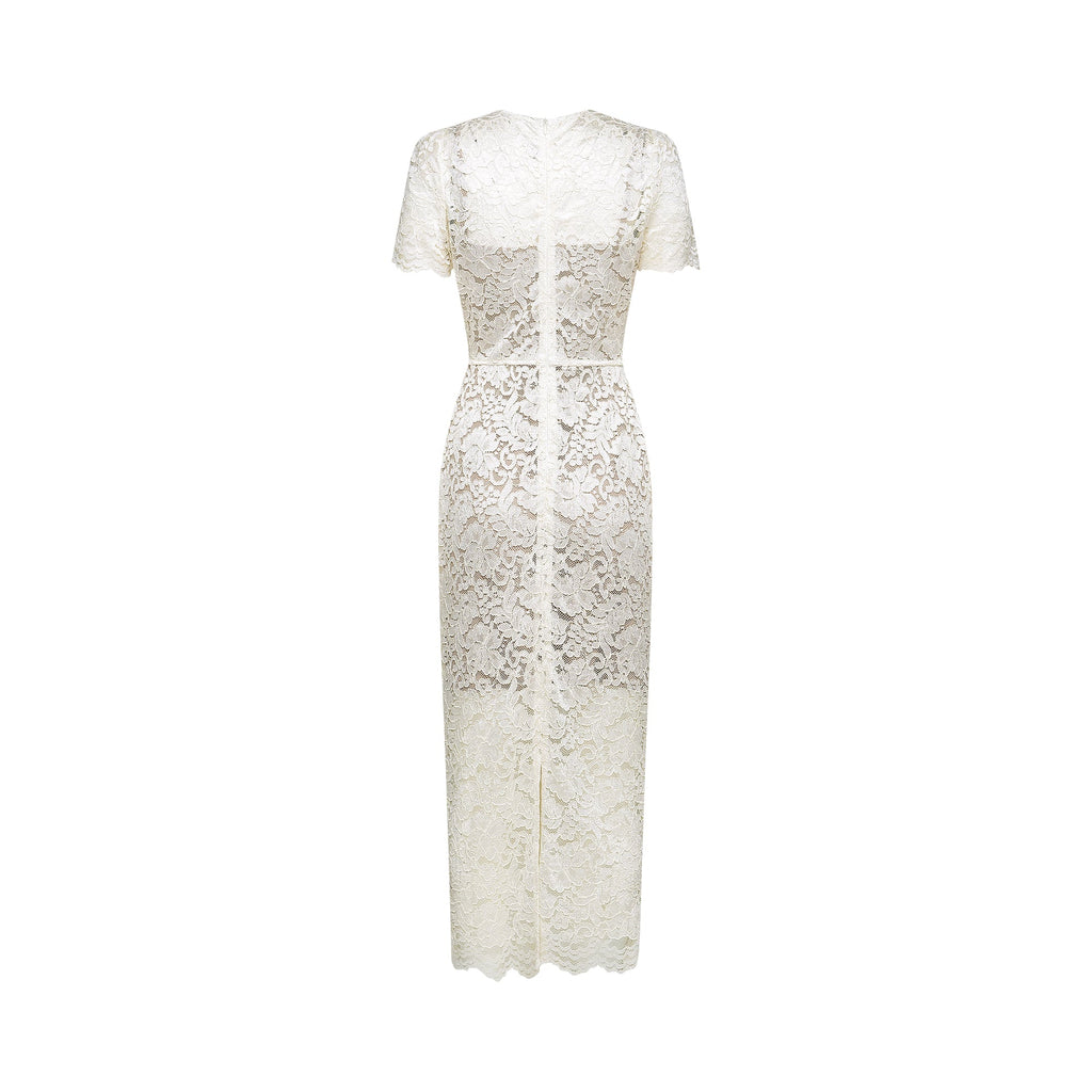 Vestido midi de encaje con adornos Kalena, elegante y con detalles decorativos, en color neutro, para ocasiones especiales