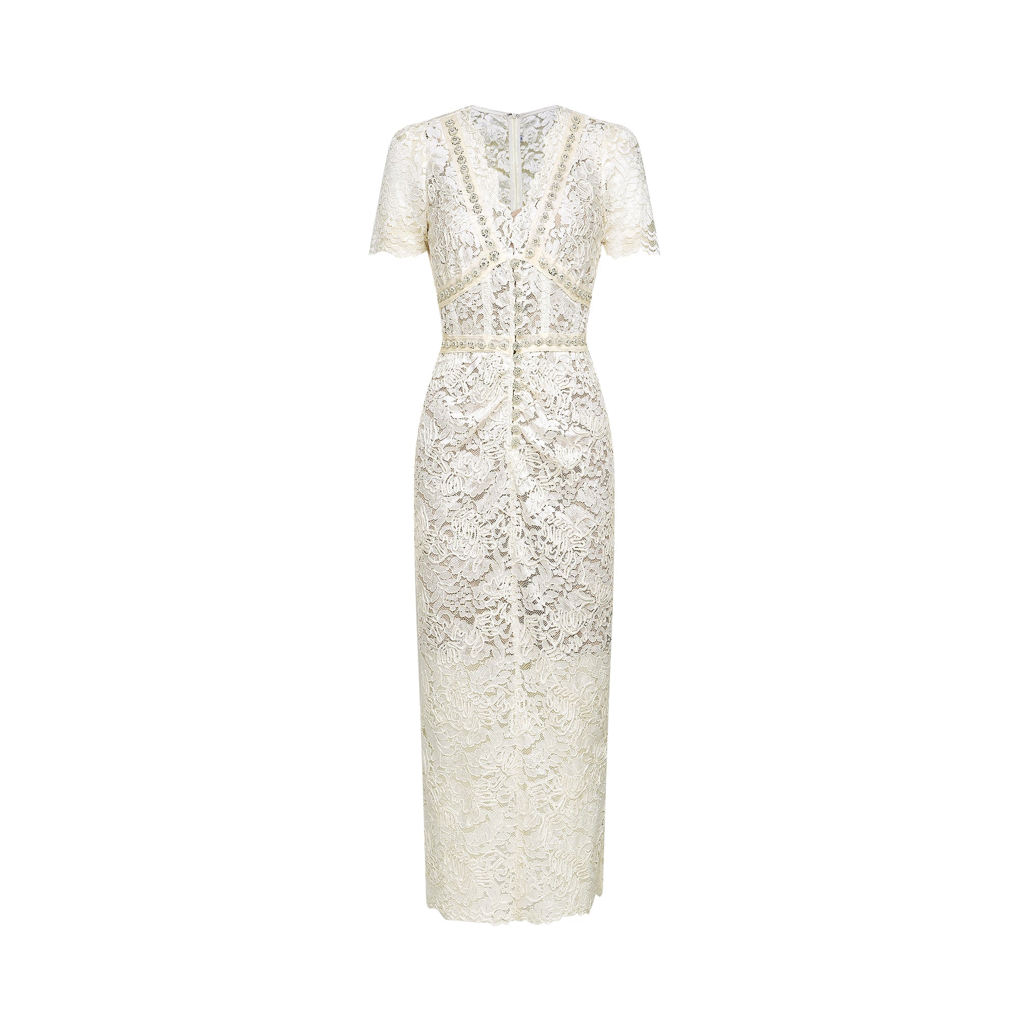 Vestido midi de encaje con adornos Kalena, estilo elegante y sofisticado para ocasiones especiales.