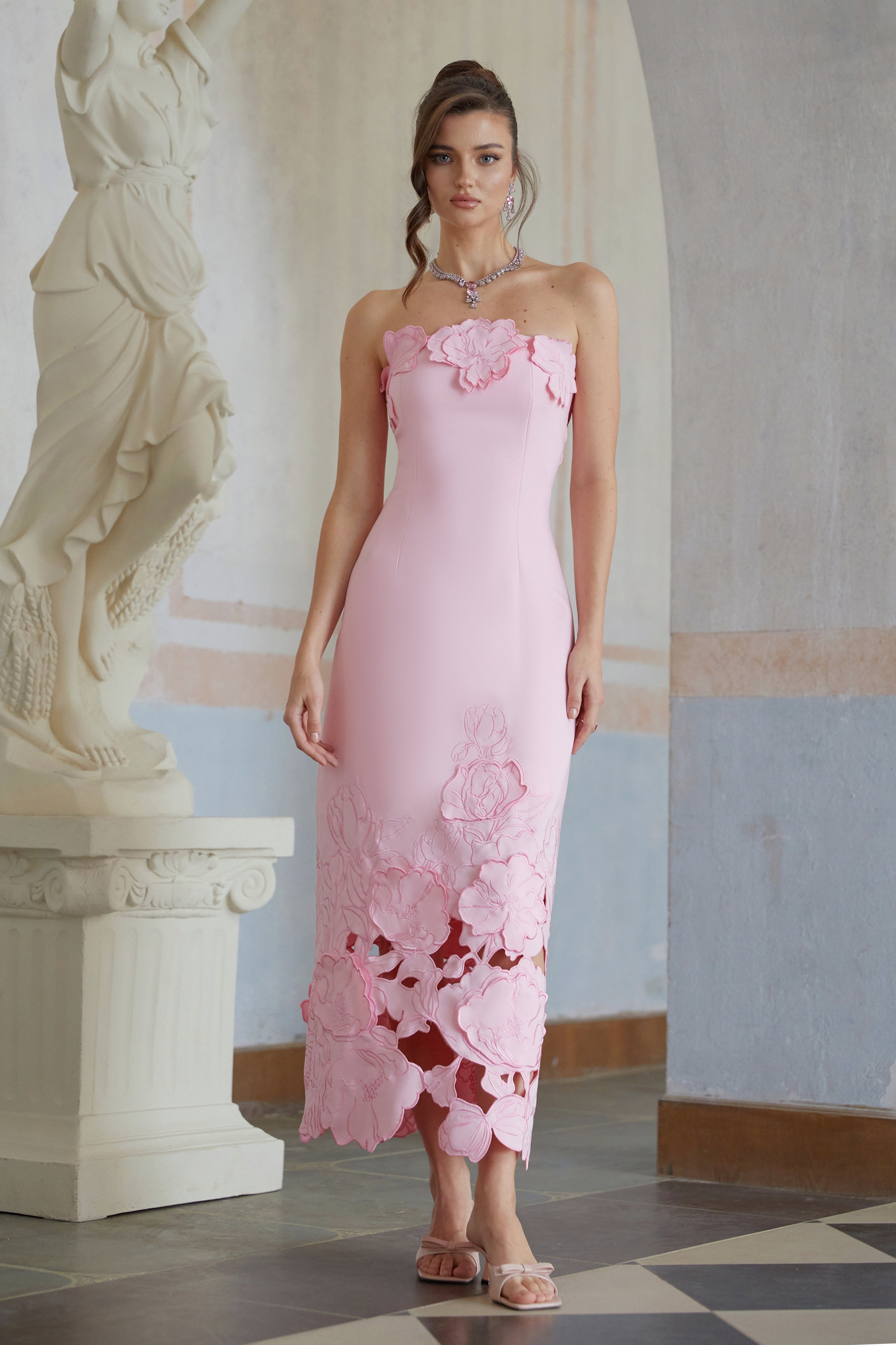 Vestido maxi sin tirantes rosa con bordado floral de la marca Bridal, diseñado para ocasiones especiales y eventos elegantes.