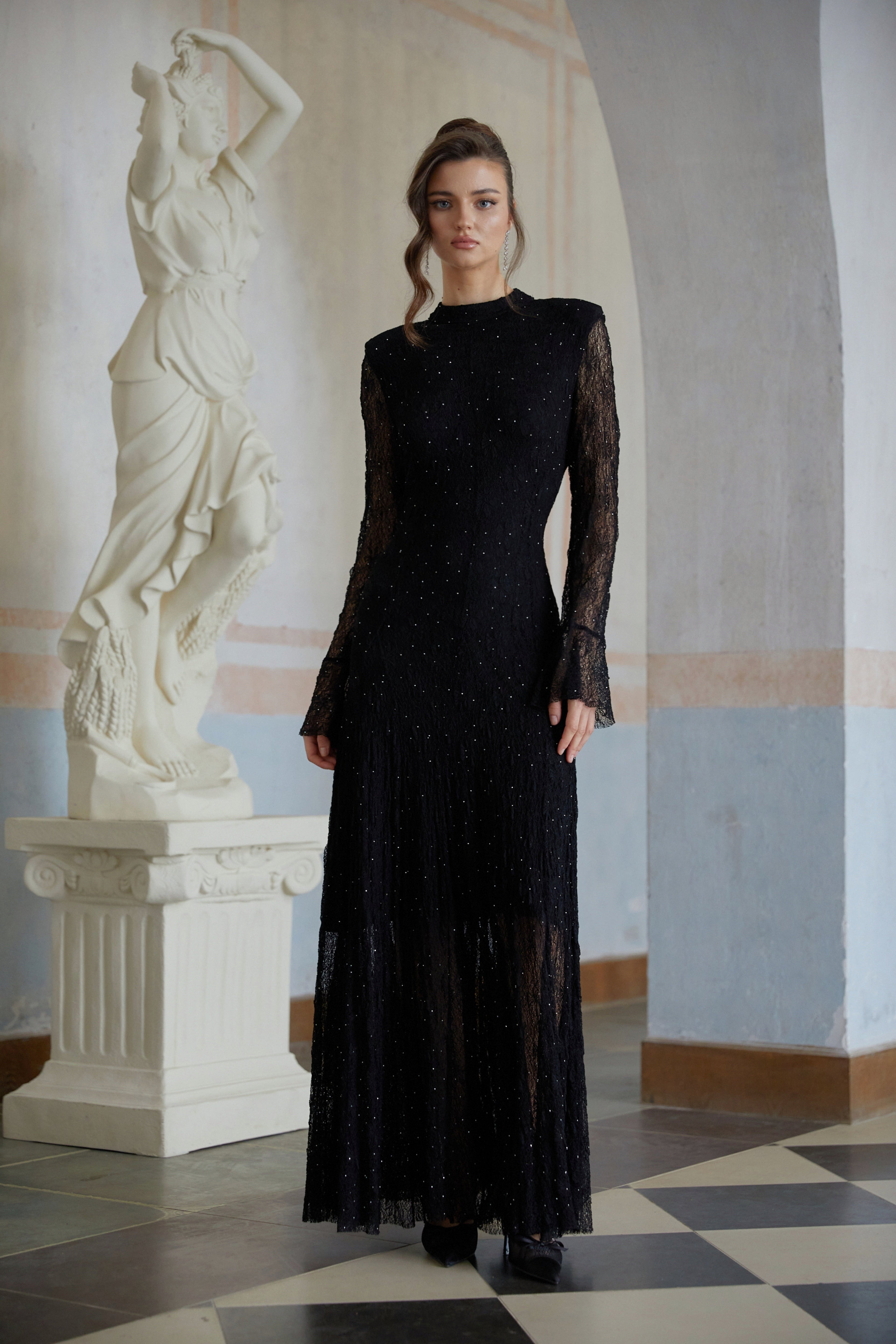 Justyna Black Rhinestone Guipure Lace Maxi Dress (Final Sale-US Only)