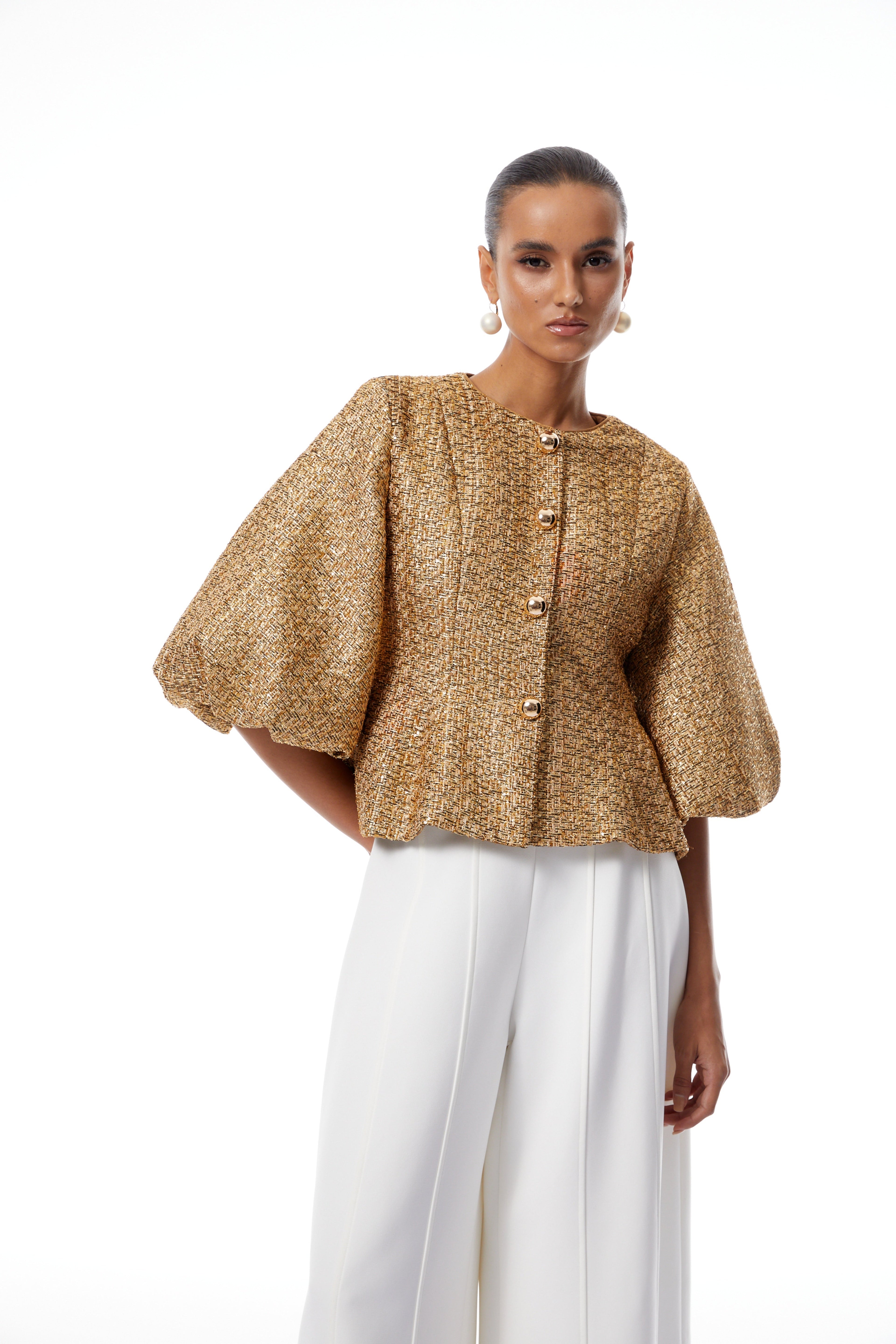 Chaqueta de tweed dorada con lentejuelas Clothilde de Final Sale, vista frontal en color dorado y detalles brillantes.