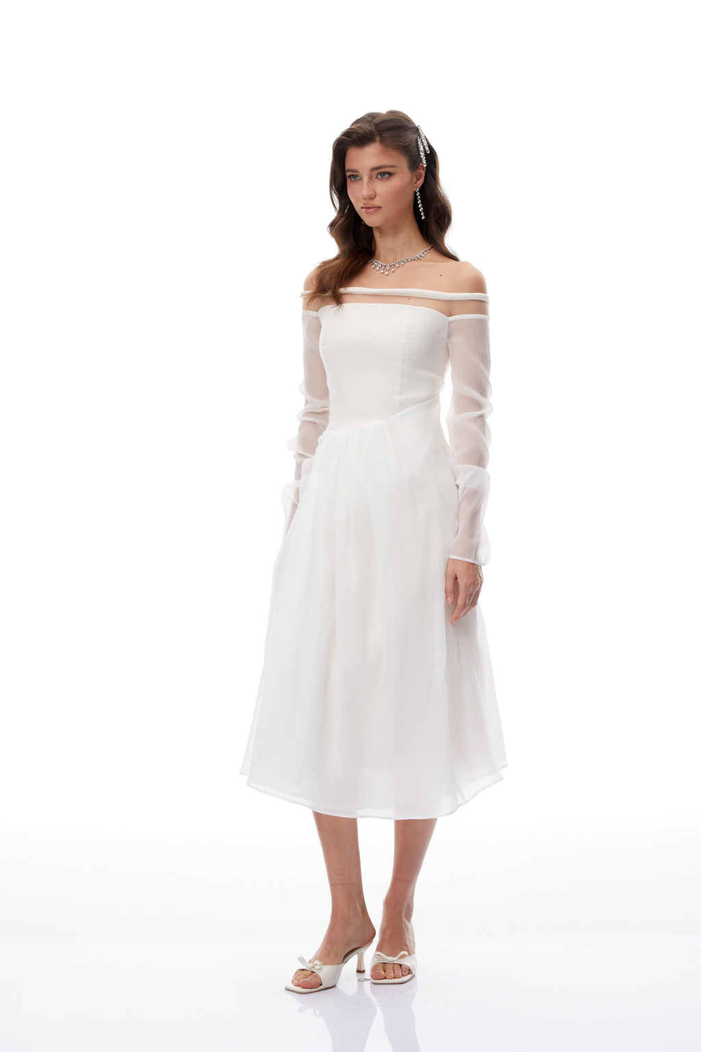Gelsomina White Gathered Crepe Midi Dress (Final Sale-US Only)