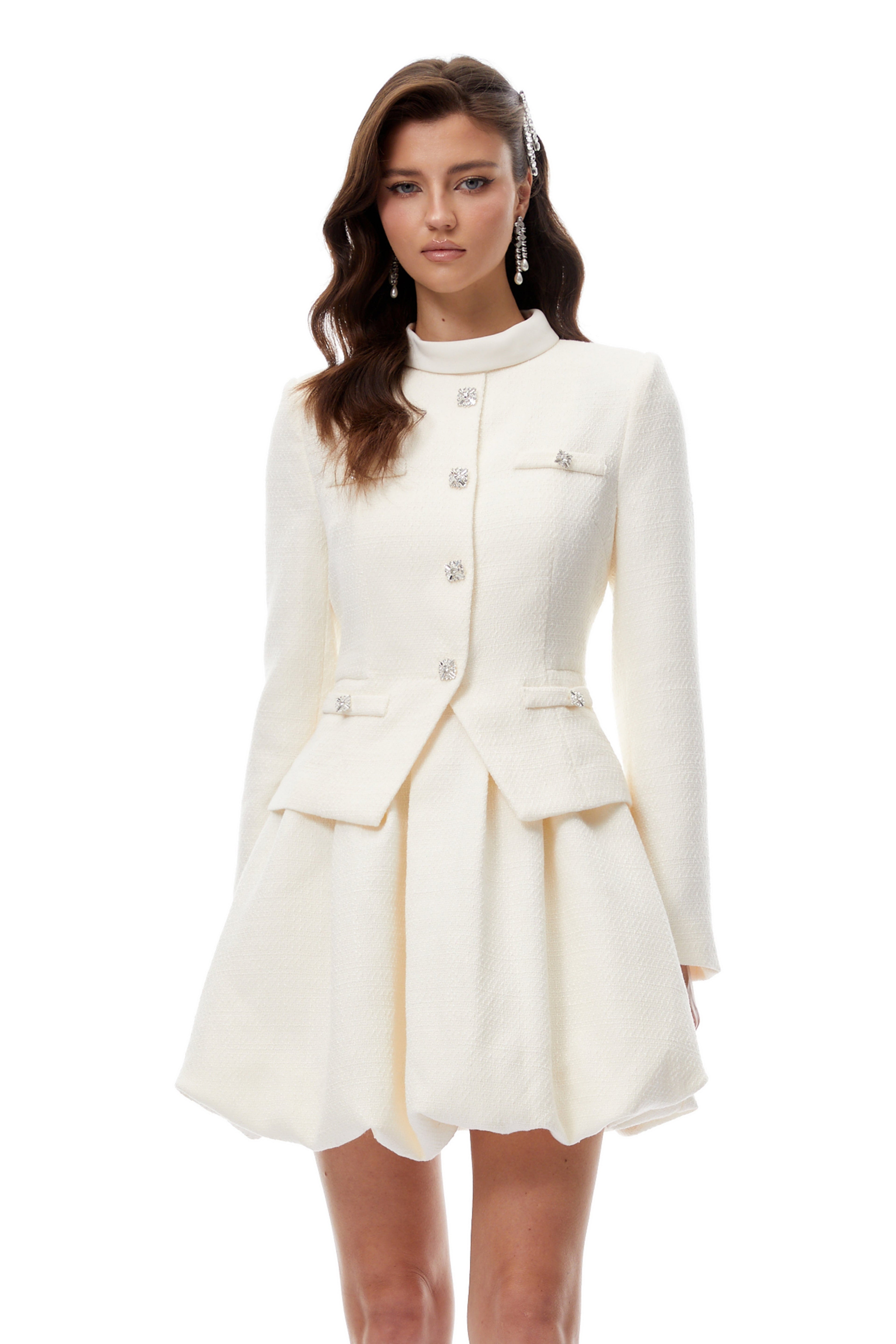 Regina White Crystal Embellished Tweed Mini Dress