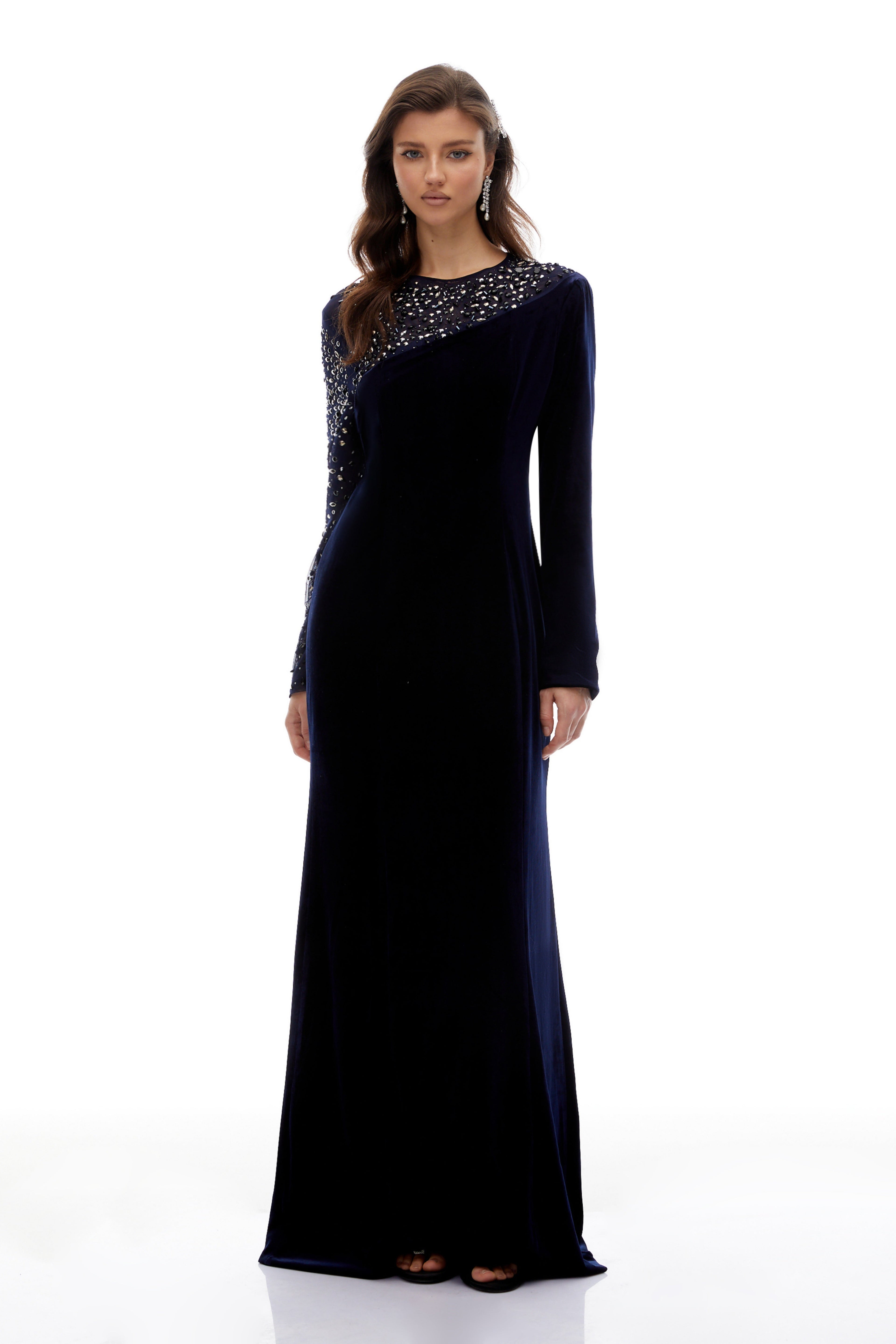 Rosemary Blue Embellished Velvet Maxi Gown(Final Sale-US Only)