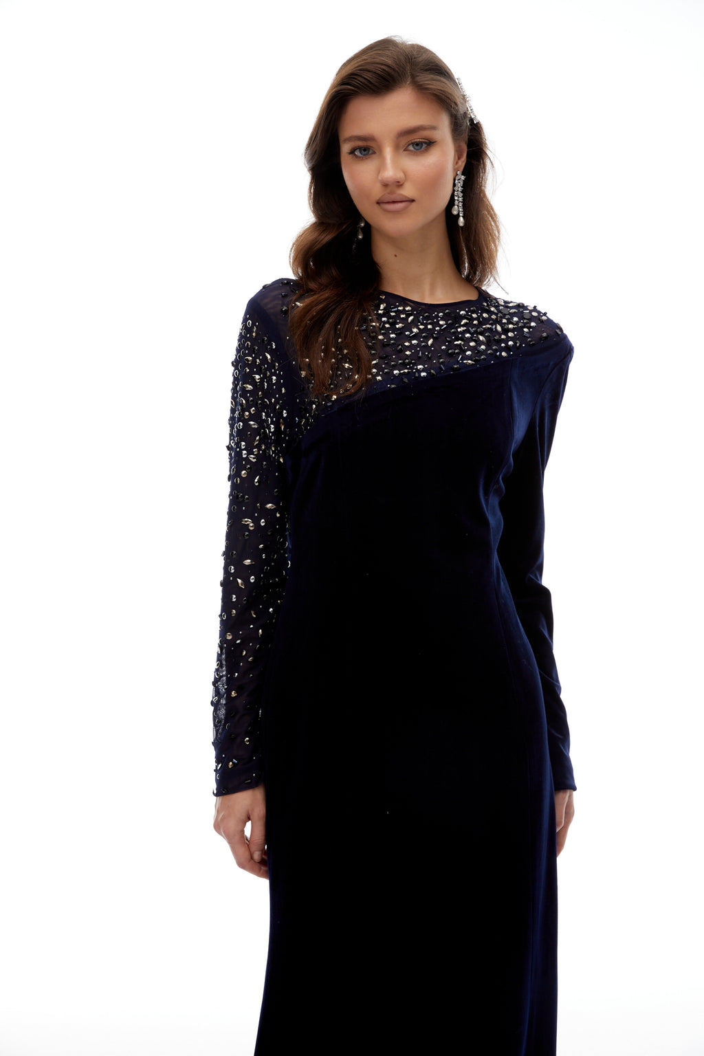 Rosemary Blue Embellished Velvet Maxi Gown(Final Sale-US Only)