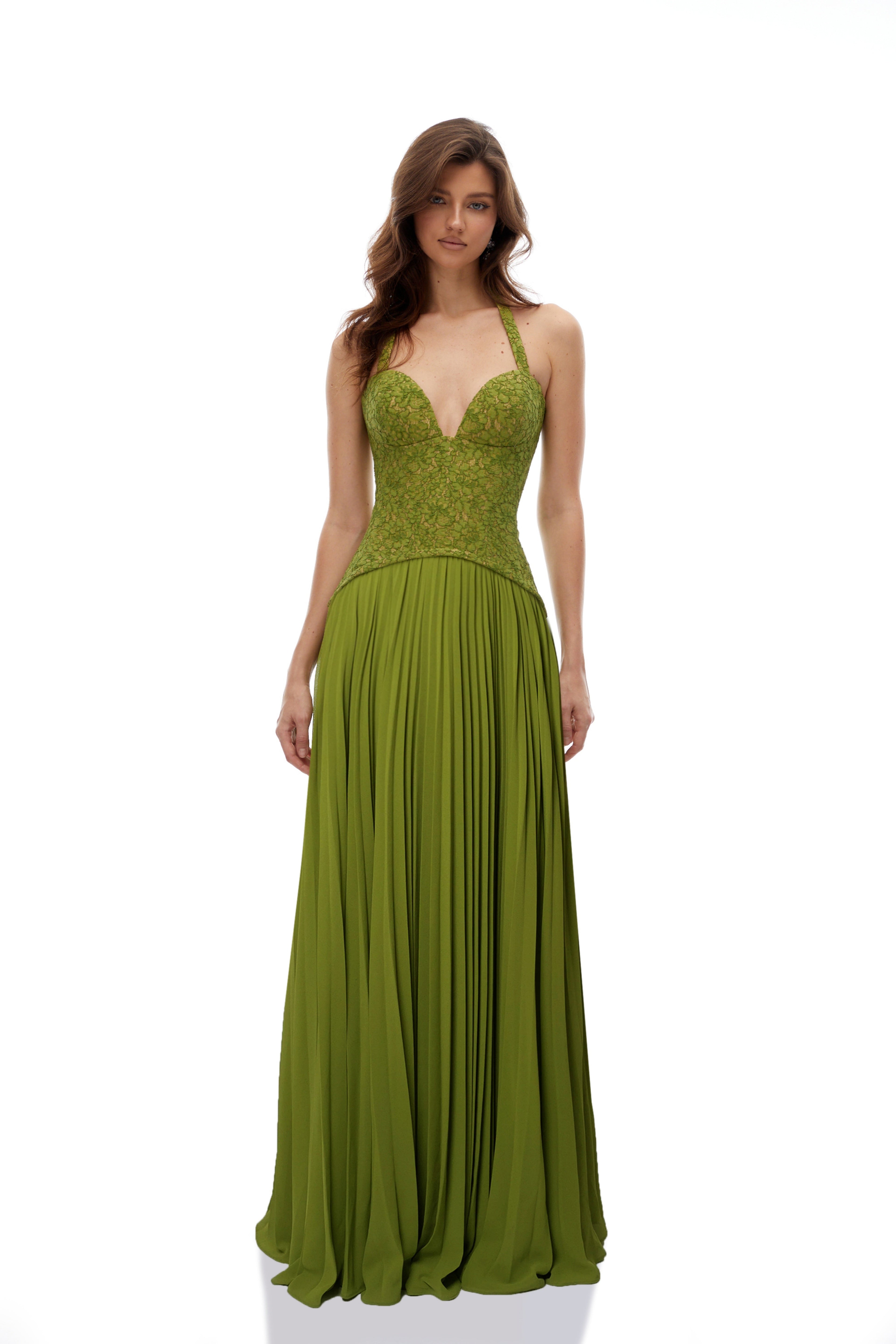 Vestido largo con corsé verde esmeralda Ronja de MRParis, con detalles elegantes y ajuste ceñido en la parte superior.
