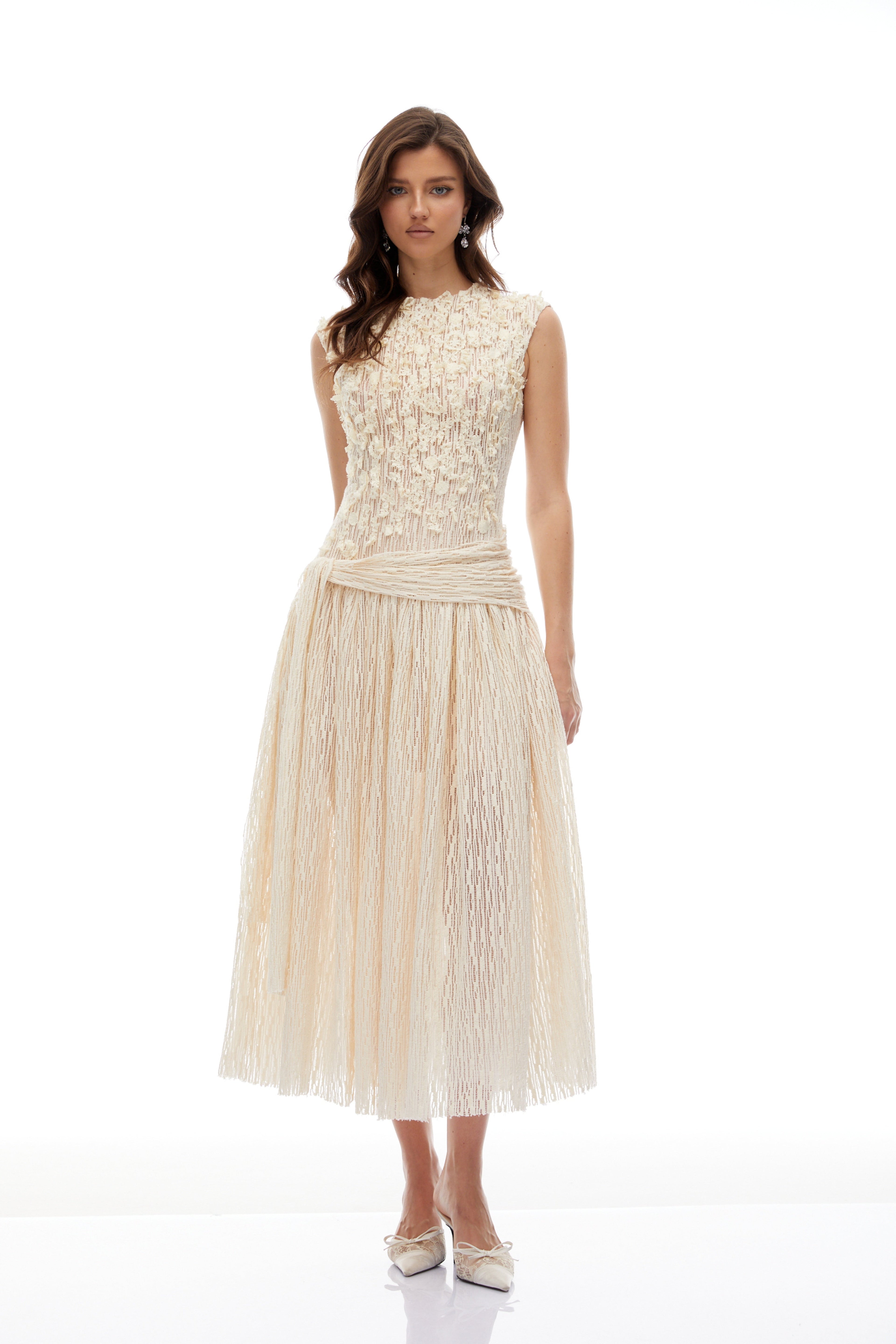 Cynthia Neutrals 3D Petal Textured Midi Dress