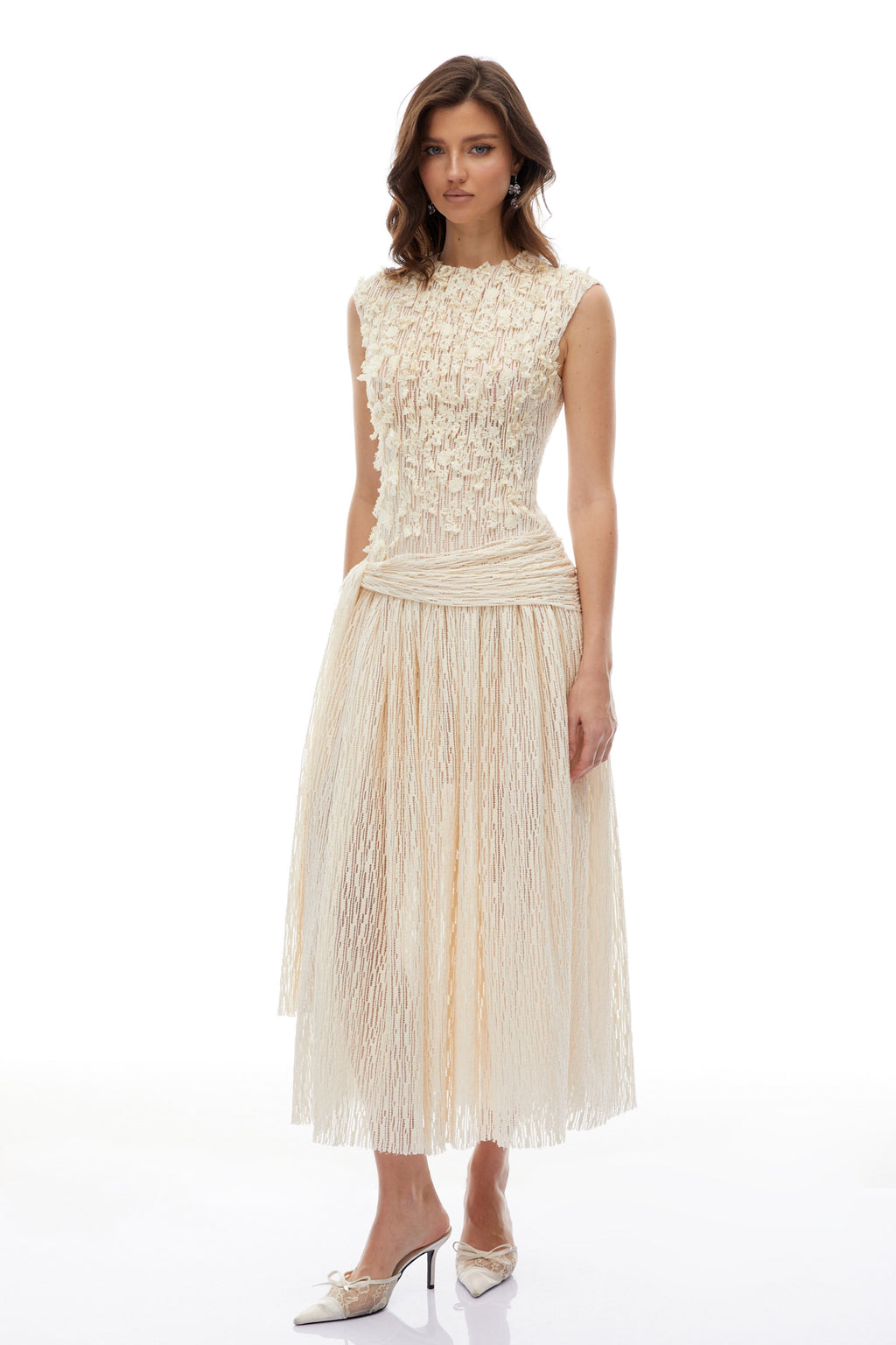 Cynthia Neutrals 3D Petal Textured Midi Dress