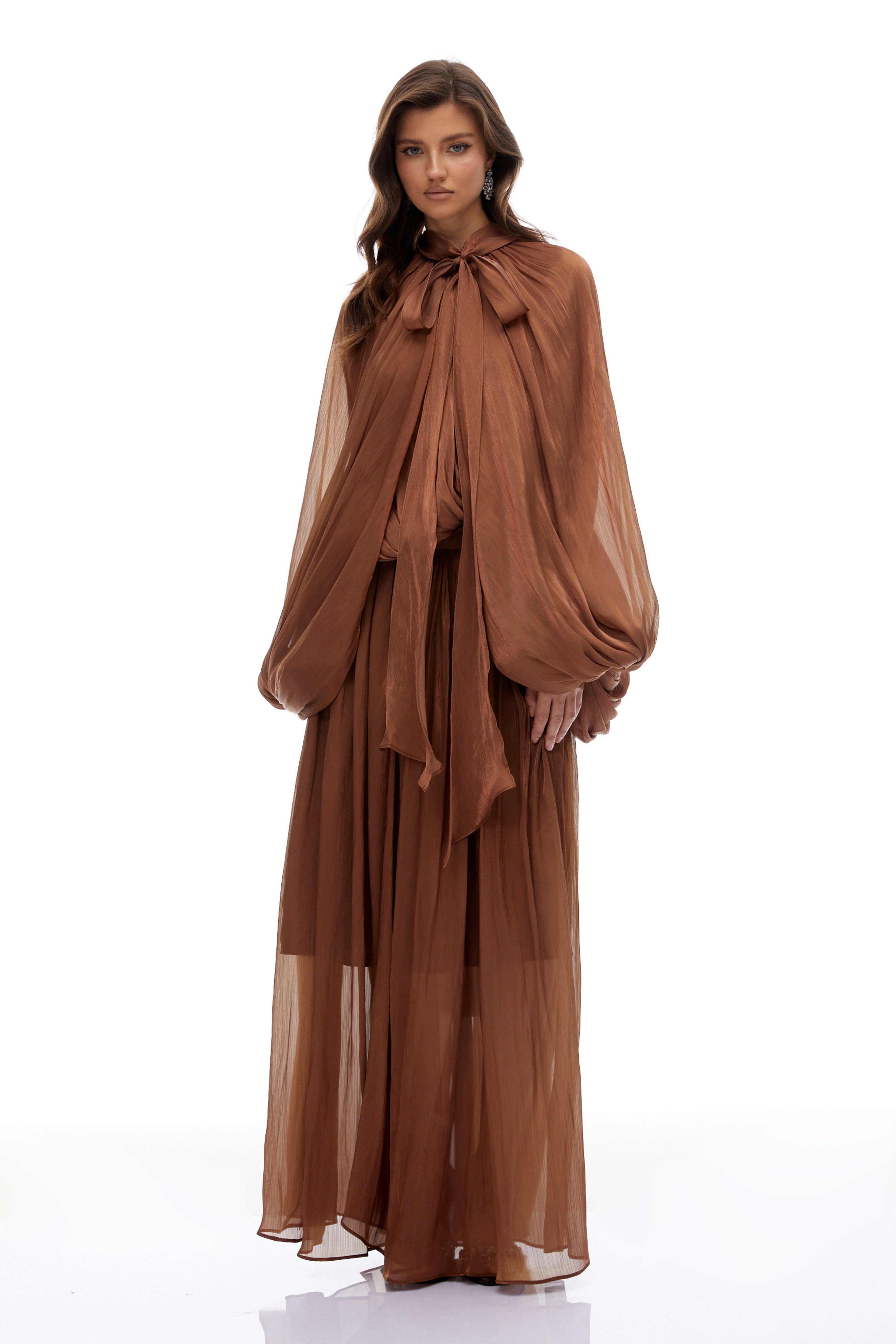 Mila Brown Pleated Satin Maxi Dress (Final Sale-US Only)