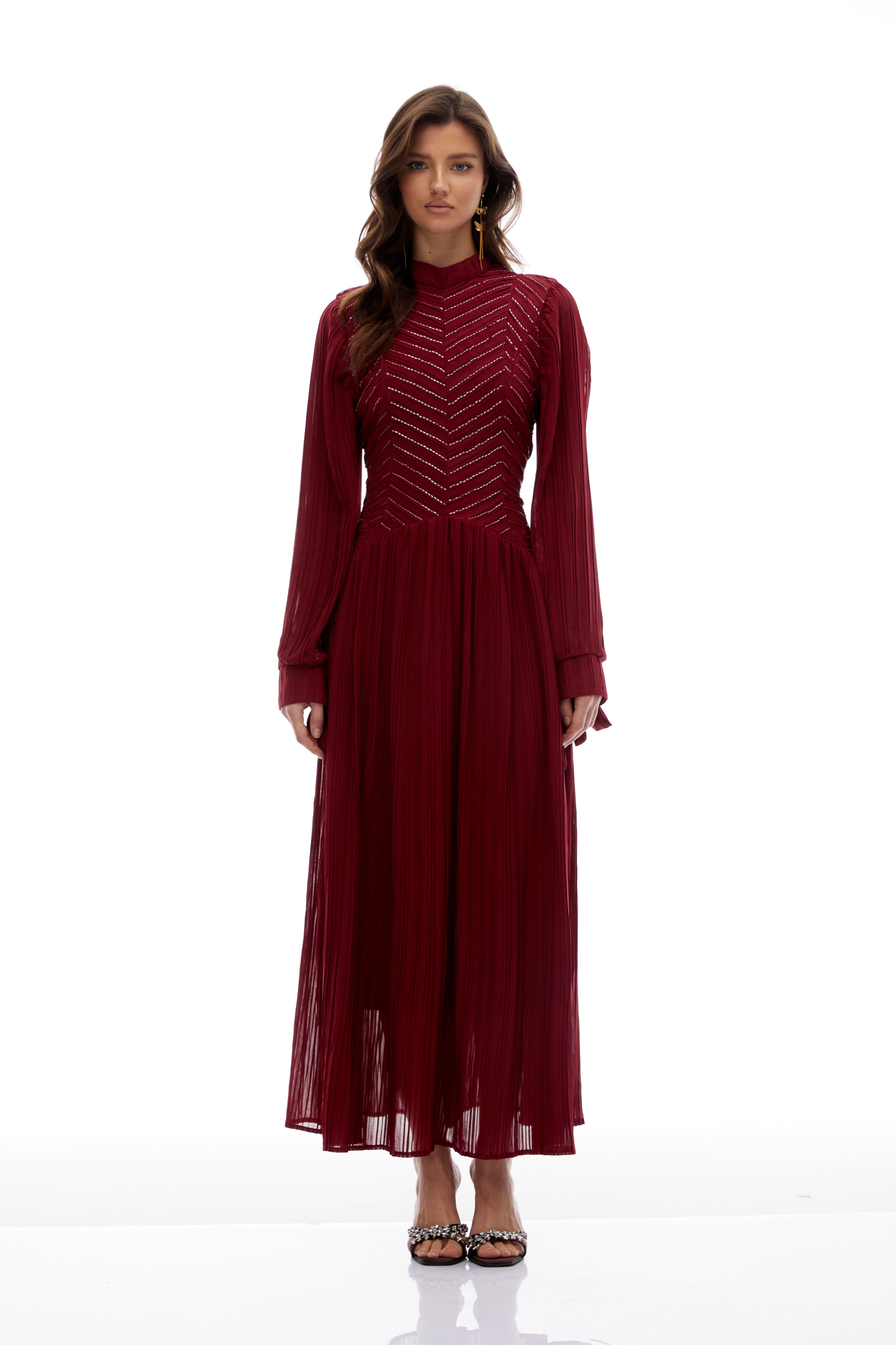 Hulda Burgundy Bead Embellished Ruched Maxi Dress(Final Sale-US Only)