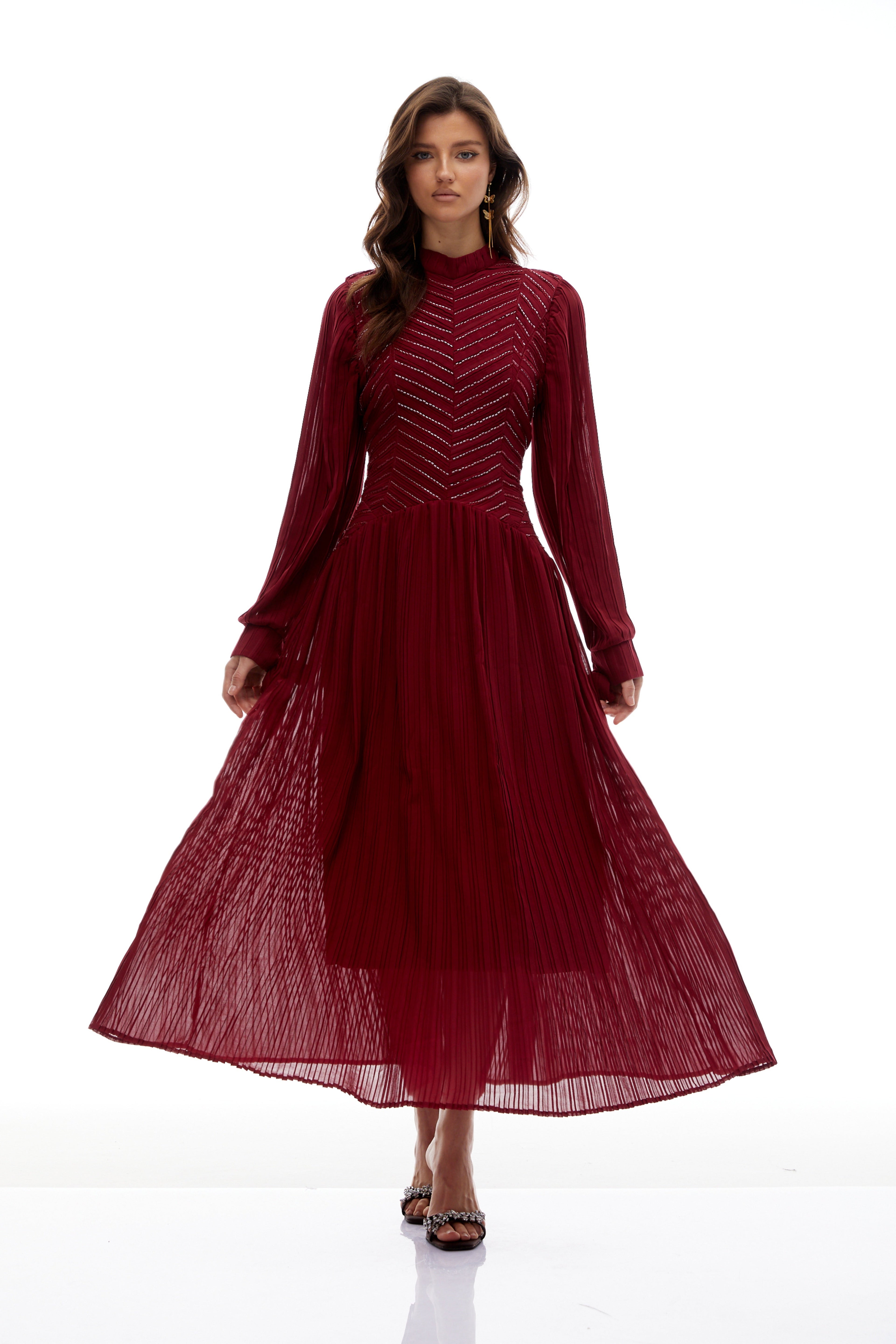 Hulda Burgundy Bead Embellished Ruched Maxi Dress(Final Sale-US Only)