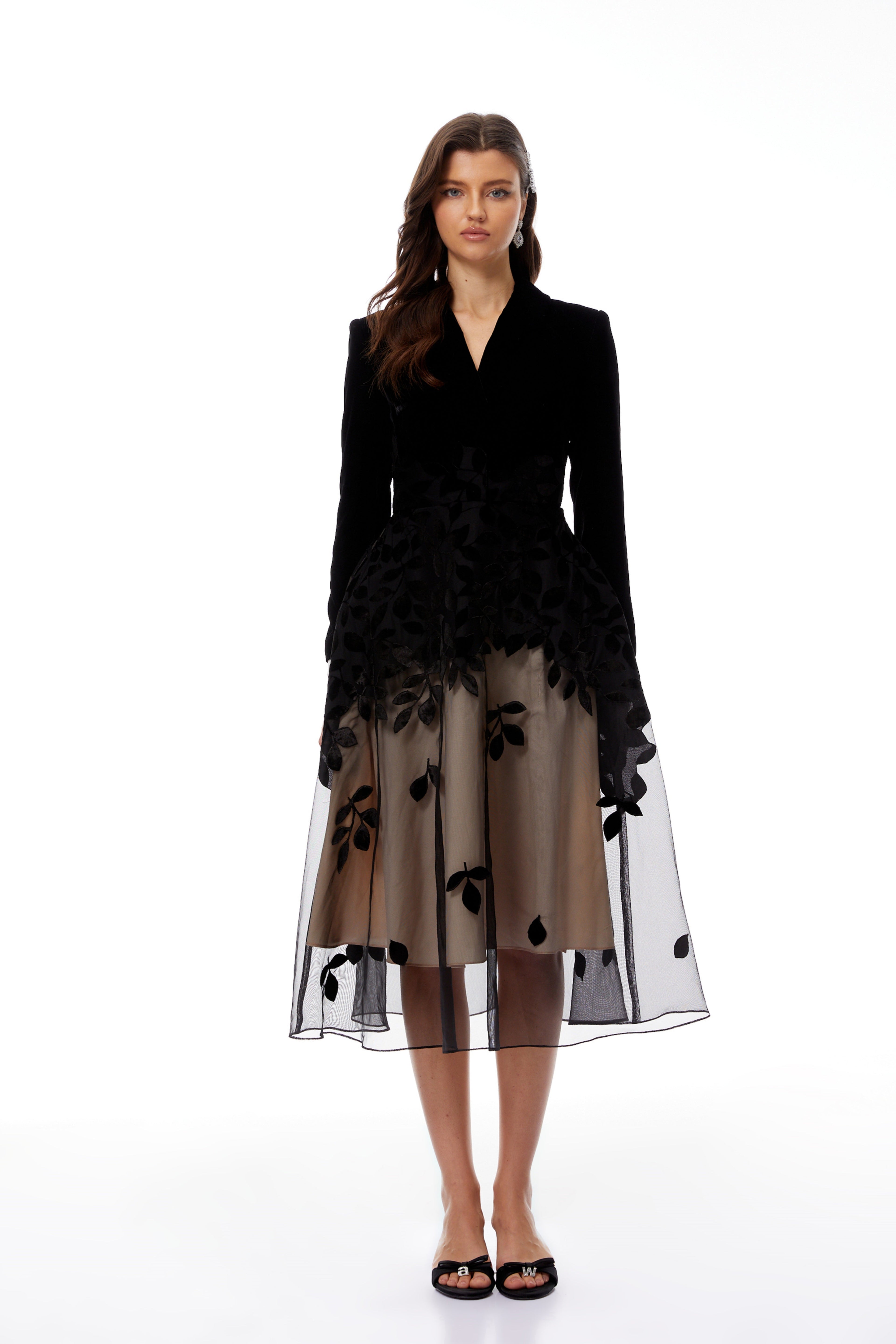 Brielle Black Leaf Embroidered Velvet Midi Dress