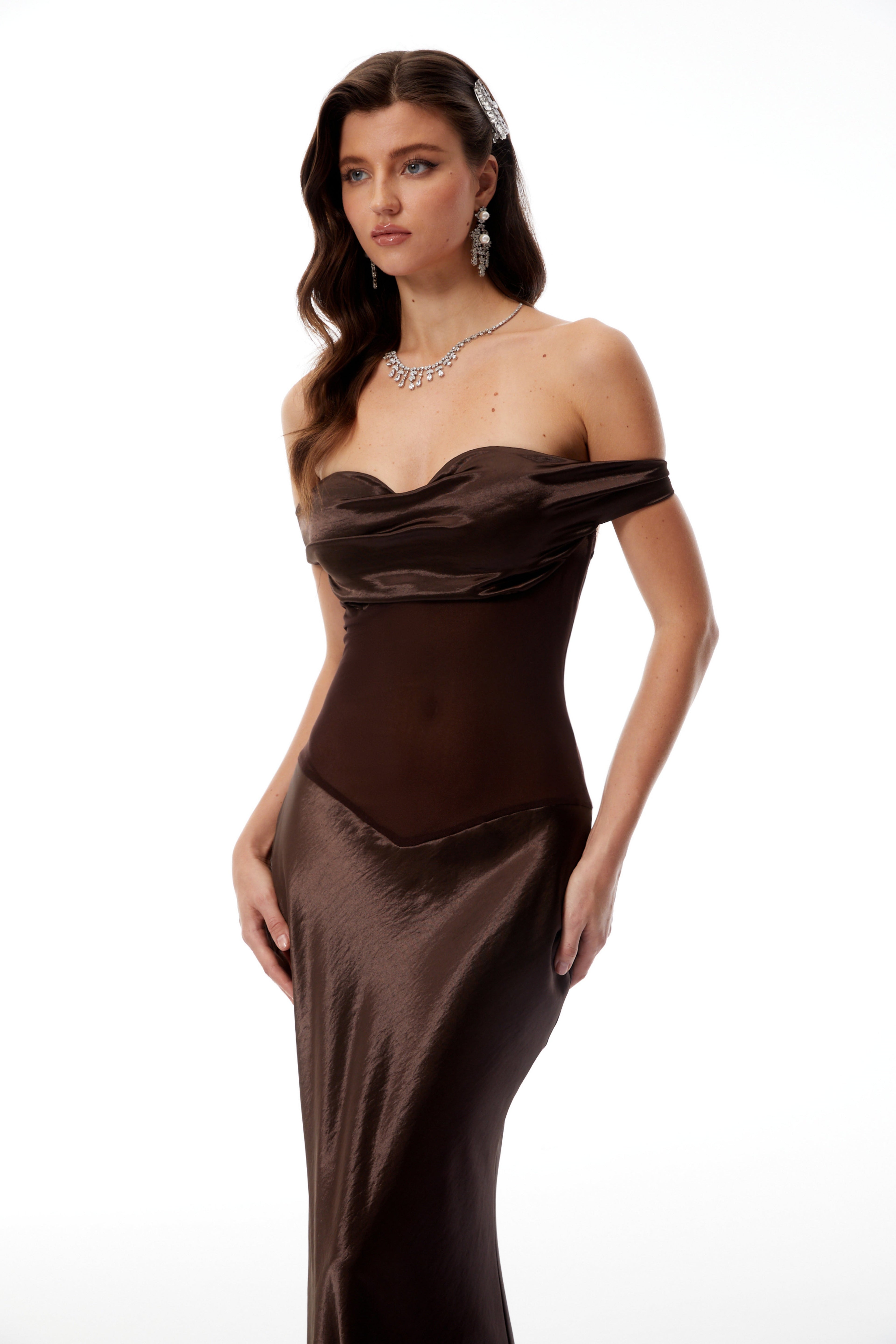 Gitta Brown Off Shoulder Satin Maxi Gown