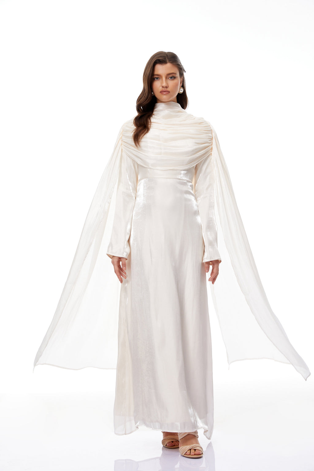 Hege Cream Glossy Ruched Cape Maxi Dress (Final Sale-US Only)