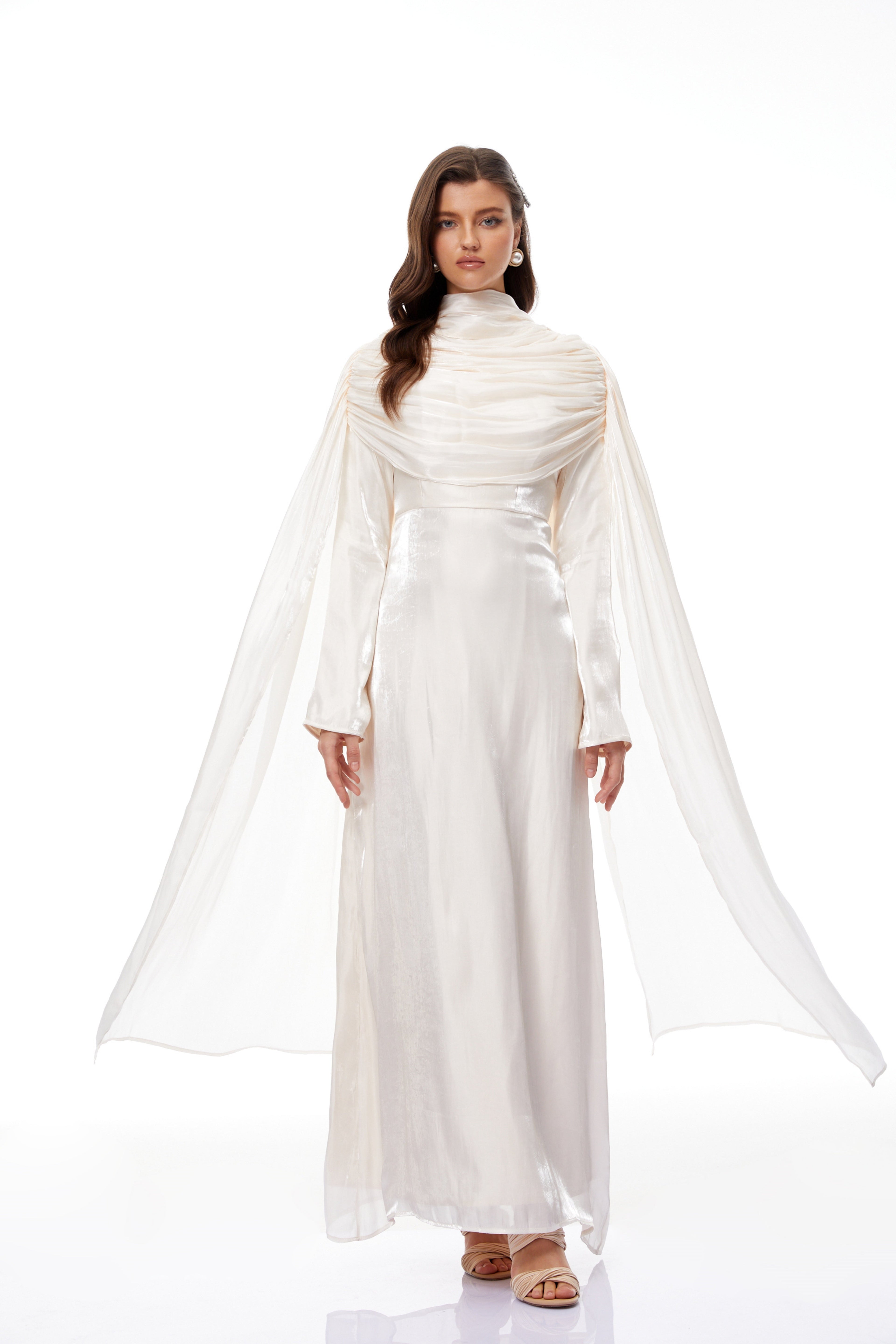 Hege Cream Glossy Ruched Cape Maxi Dress (Final Sale-US Only)