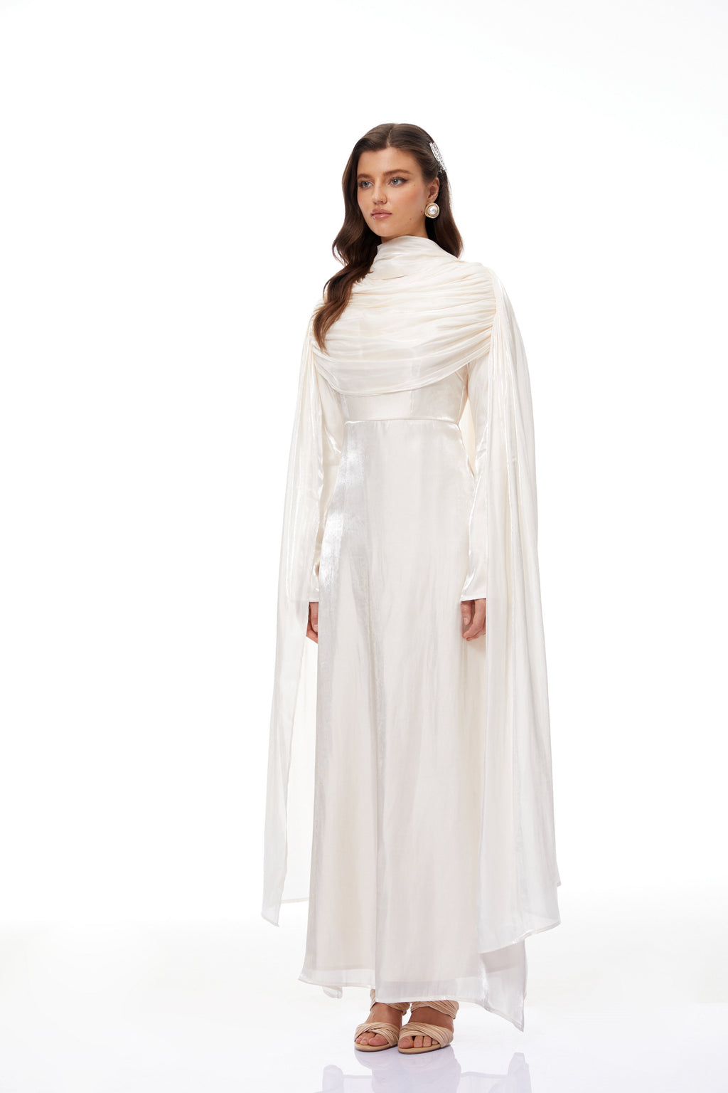 Hege Cream Glossy Ruched Cape Maxi Dress (Final Sale-US Only)