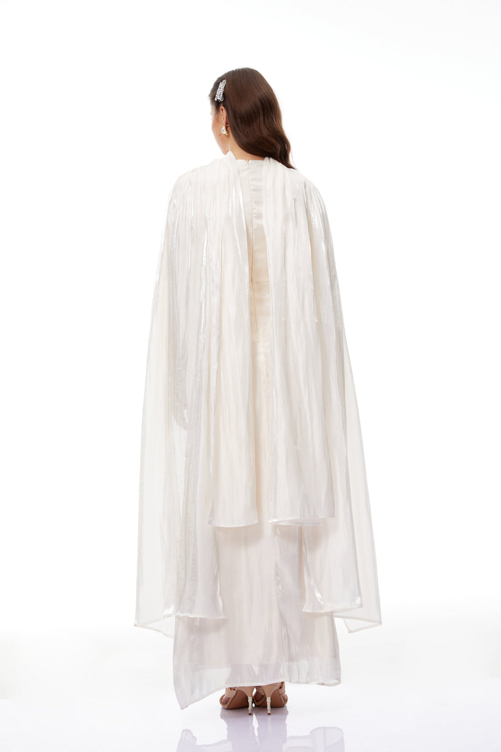 Hege Cream Glossy Ruched Cape Maxi Dress (Final Sale-US Only)