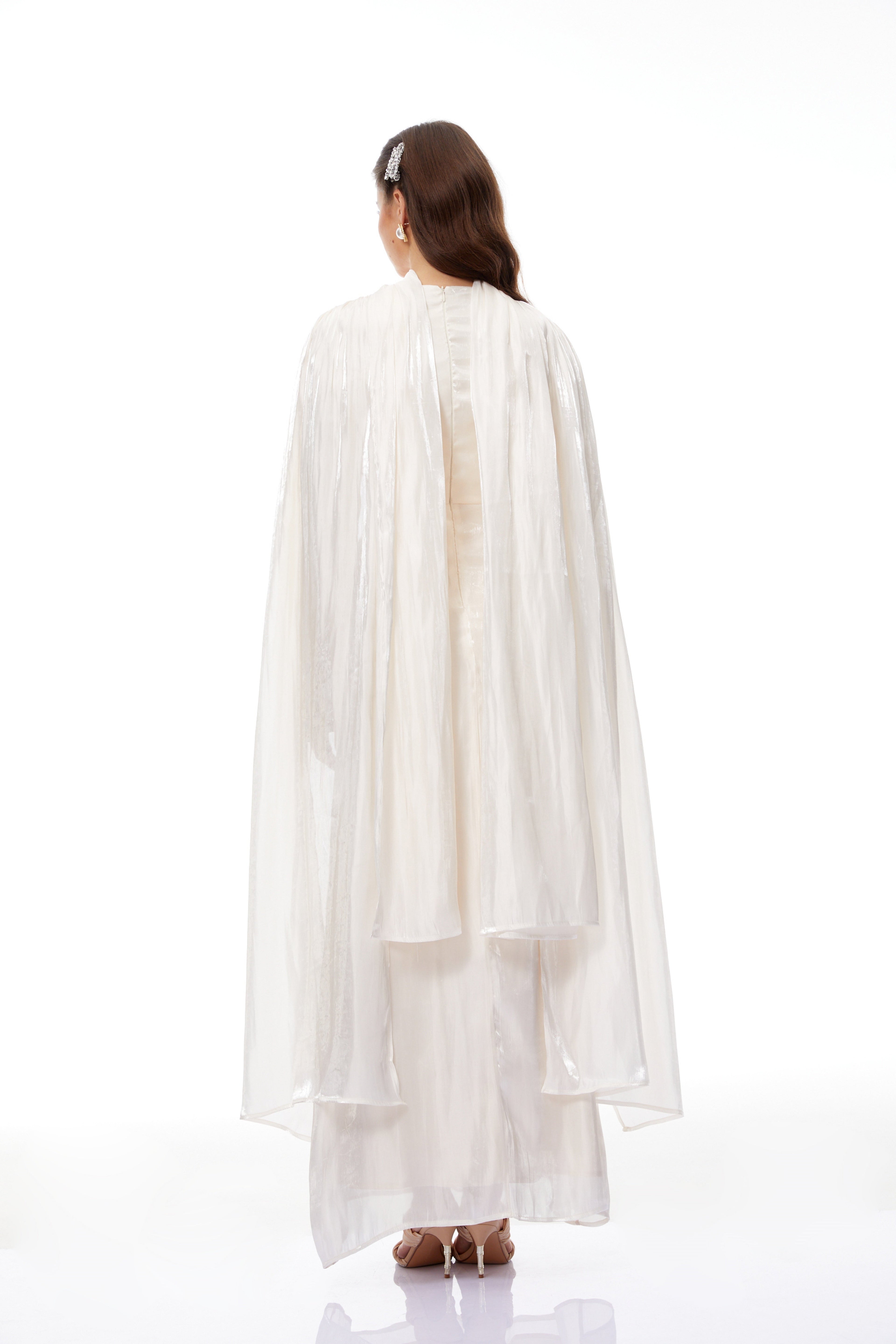 Hege Cream Glossy Ruched Cape Maxi Dress (Final Sale-US Only)