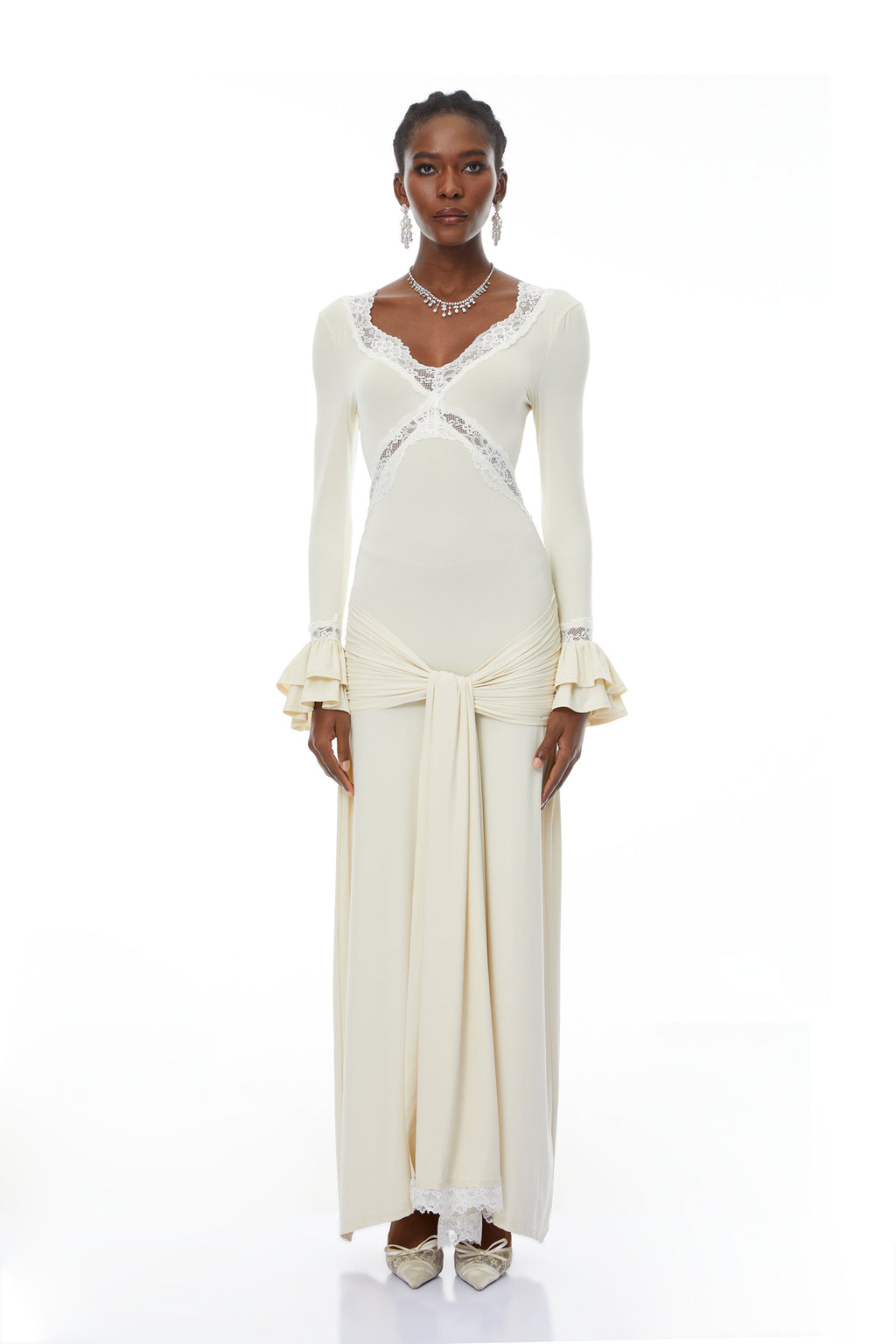Tonina White Lace Trim Twisted Maxi Dress