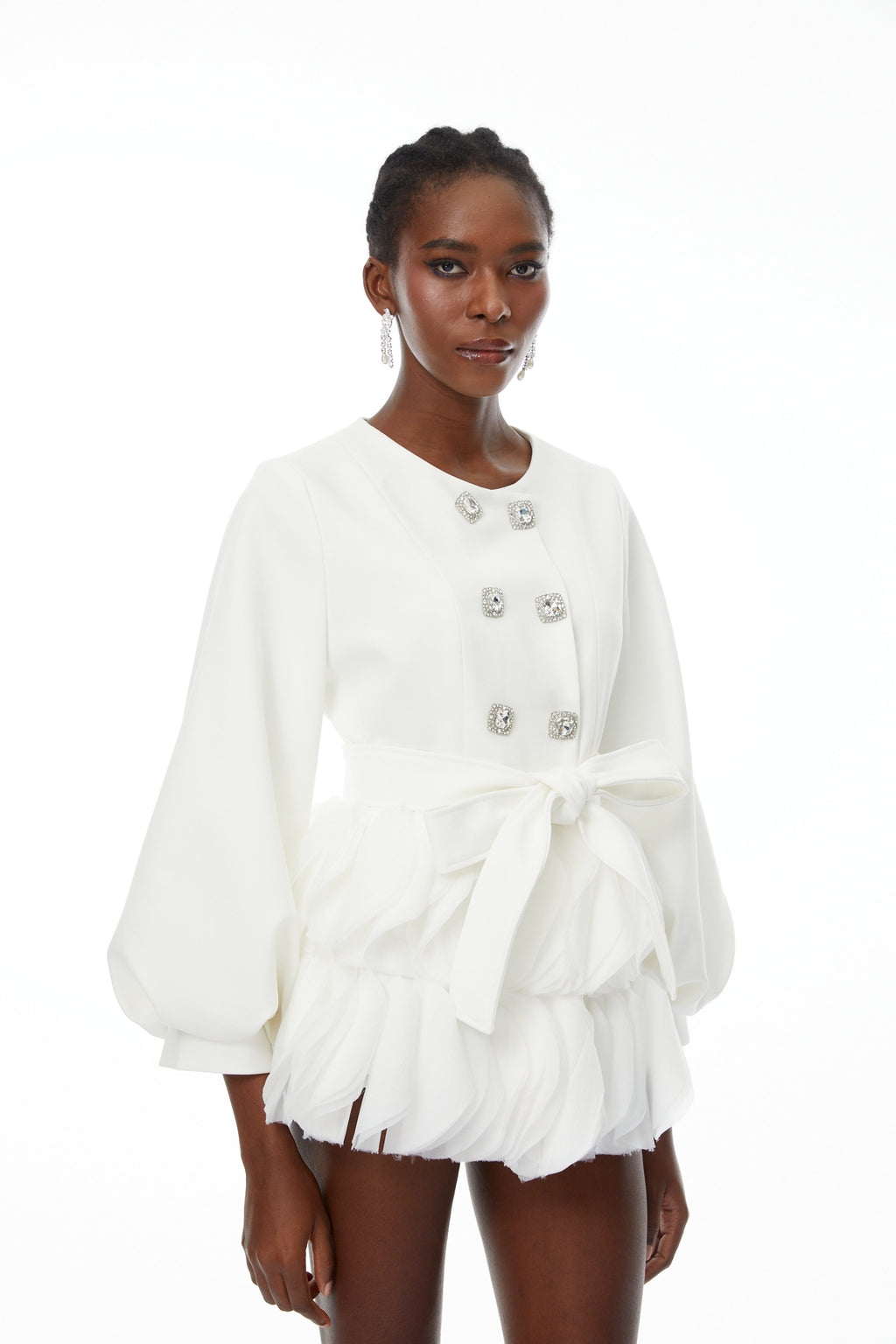 Giulia White Belted Ruffled Panel Mini Dress