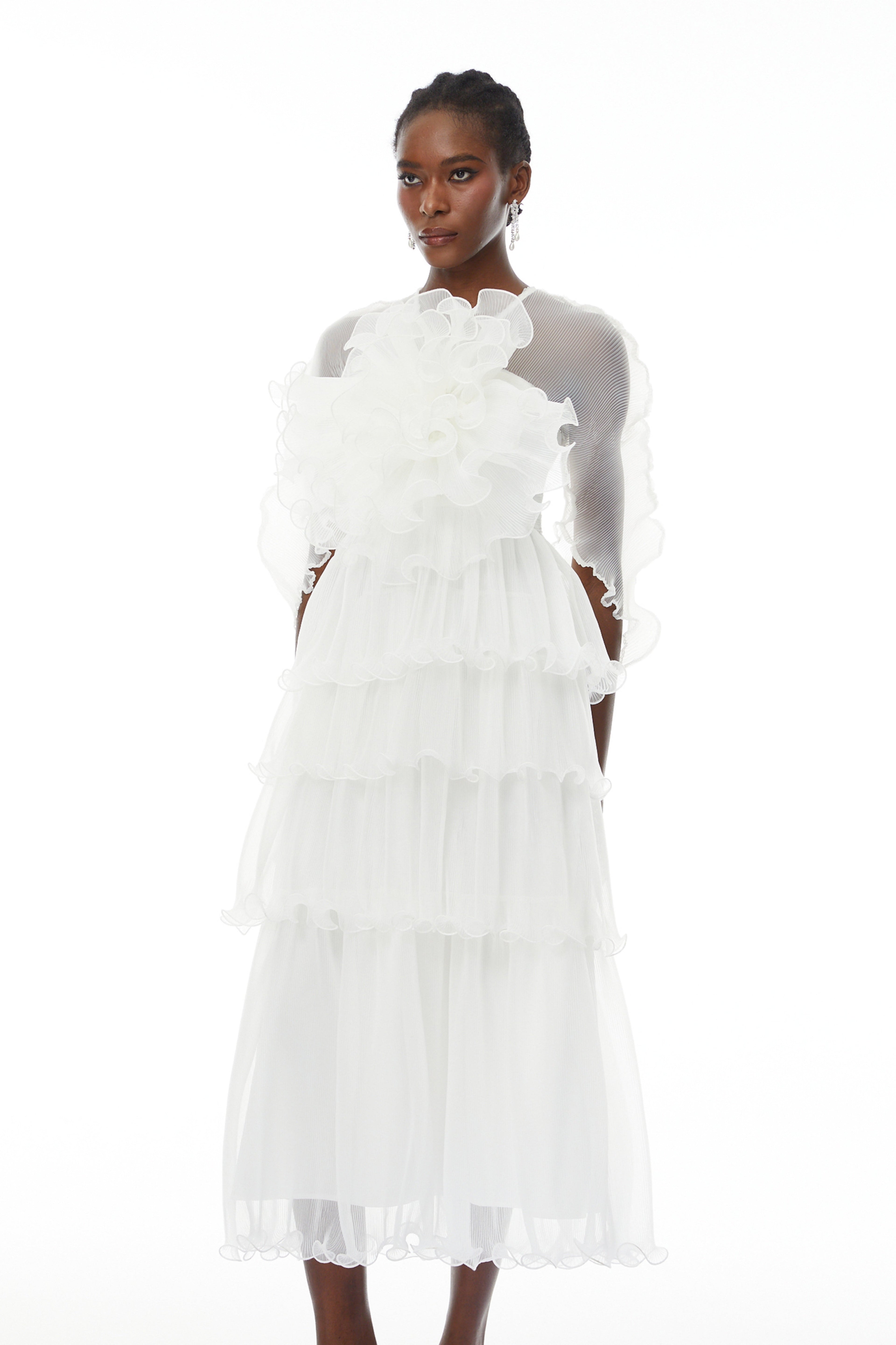 Simona White Floral Ruffled Tiered Midi Dress