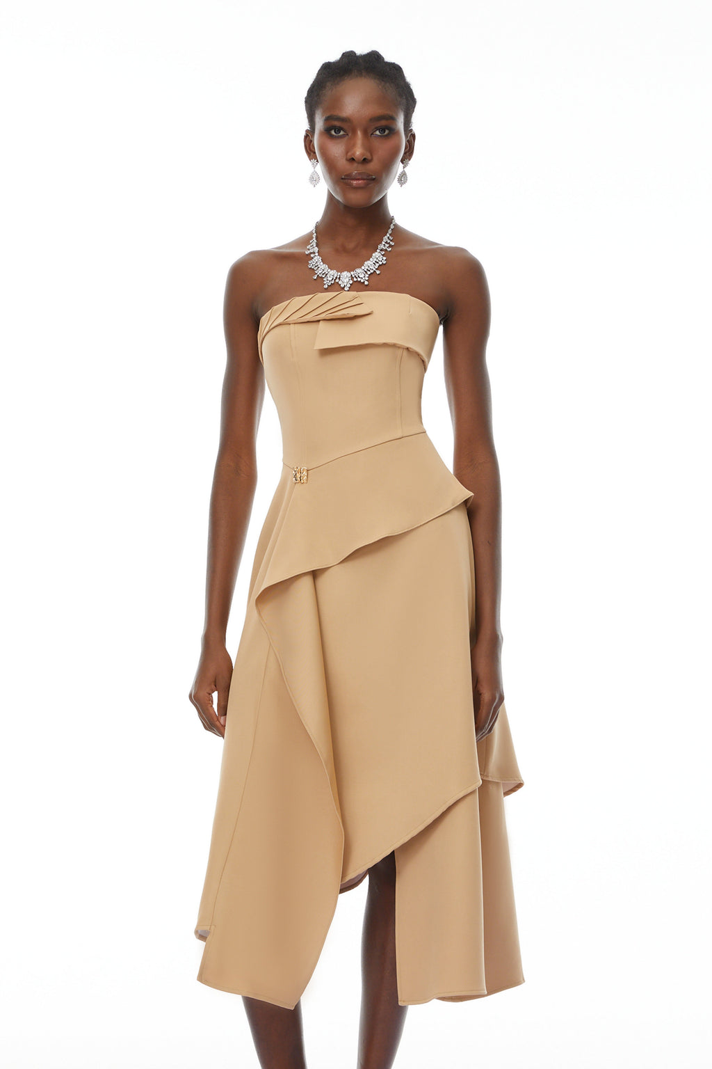 Mateo Khaki Off-Shoulder Asymmetrical Midi Dress