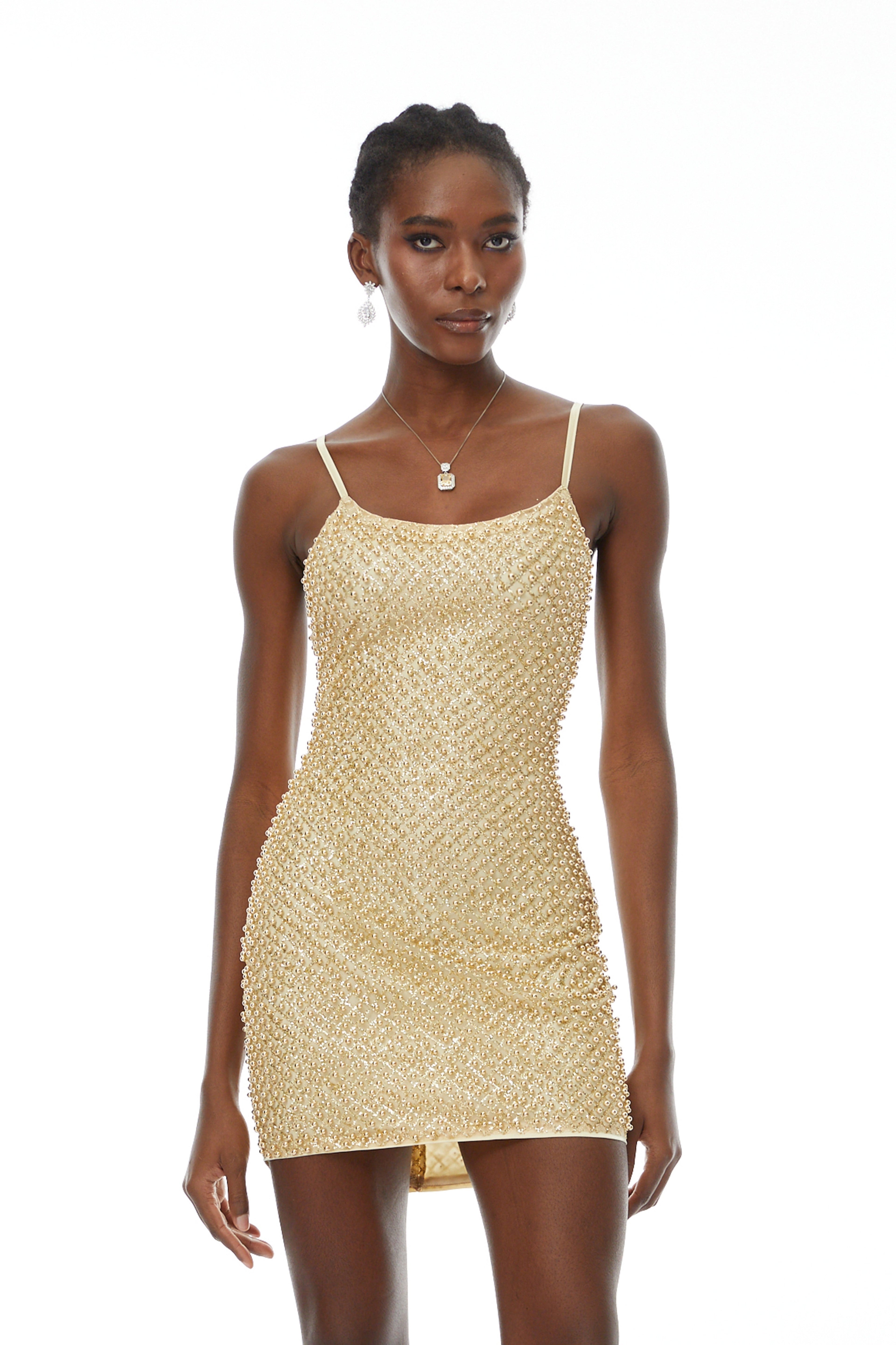 Gaia Gold Beaded Bodycon Mini Dress(Final Sale-US Only)